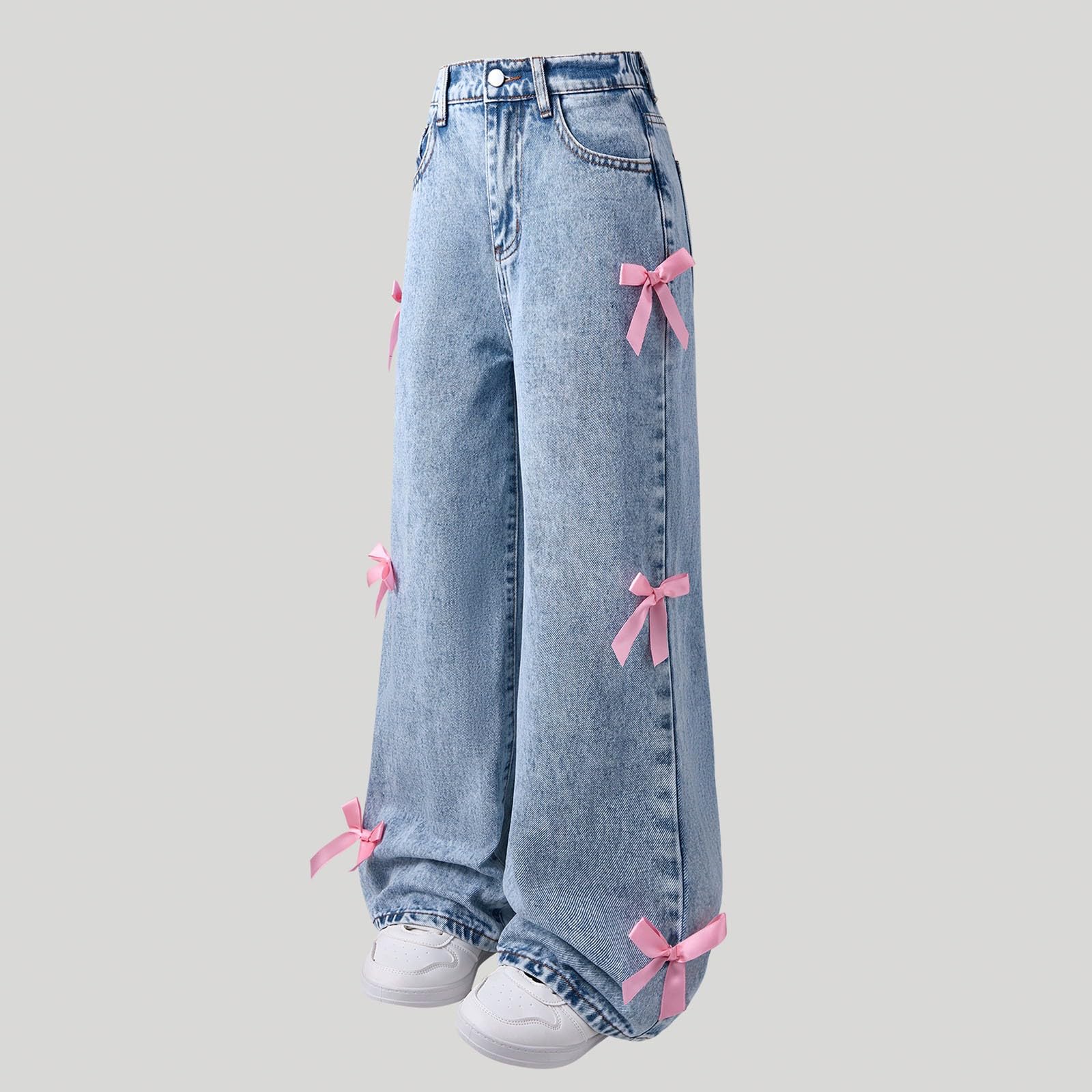 Pantalones para NiñAs-Pantalones Vaqueros Holgados De Pierna Ancha para NiñAs, Pantalones De Mezclilla con Cintura Alta EláStica, Lindos Pantalones con Lazo, Ropa De Calle Informal para NiñOs
