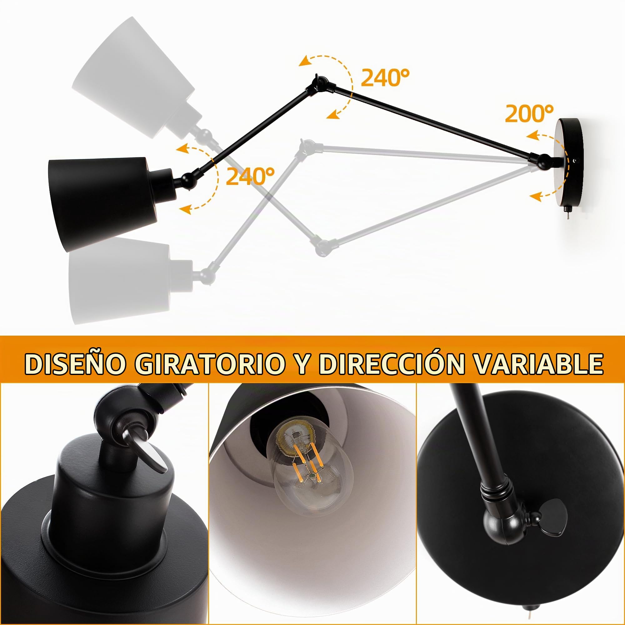 Luces de Pared de Brazo Oscilante, Iluminación Interior de Cabecera con Pantalla de Cono Para Lámpara de Lectura, E27 Mate Negro Aplique de Pared Para Sala Baño Dormitorio Lámpara de pared
