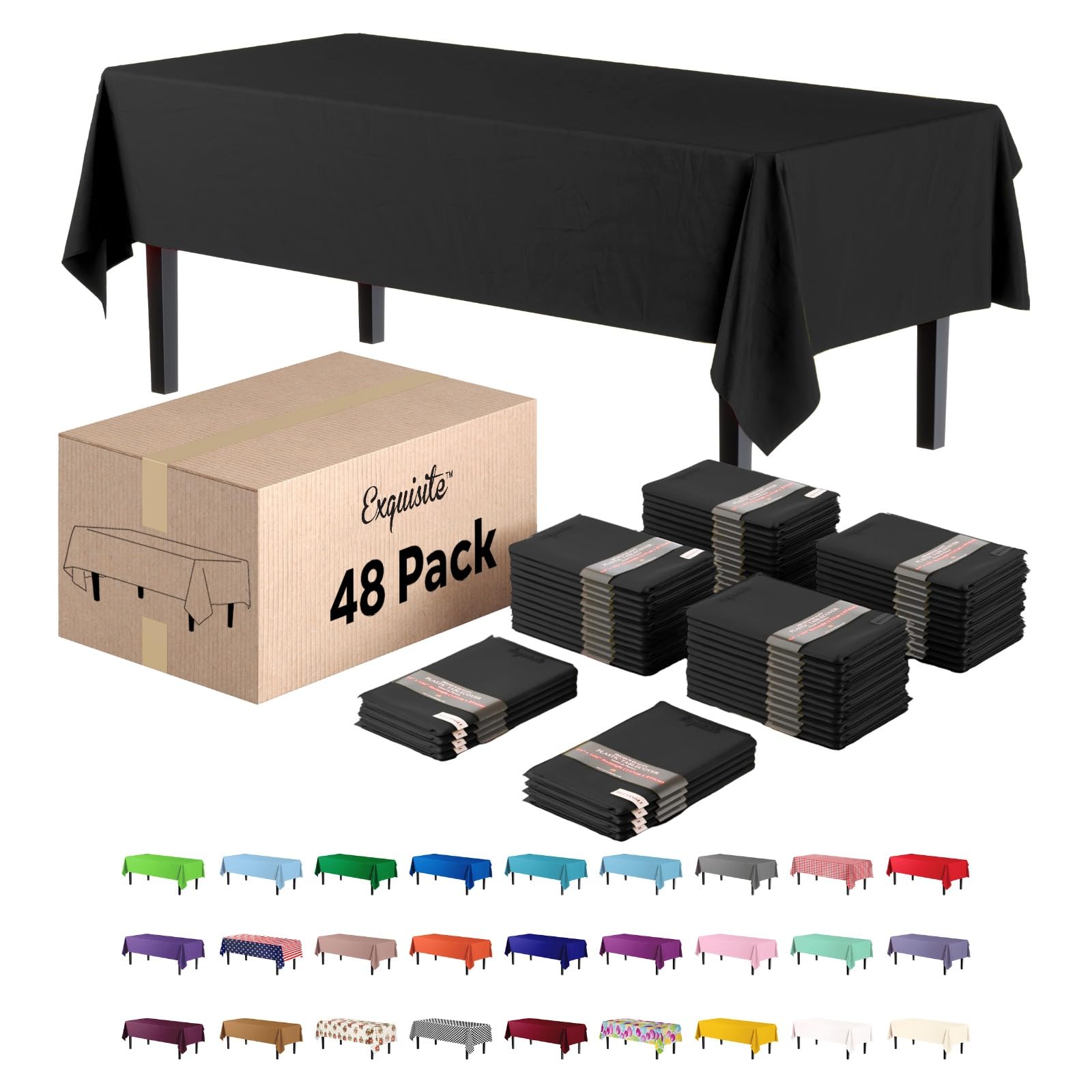 Party Solids Black Tablecloths for Rectangle Tables 48 Pack Plastic Table Cloth Disposable 54" X 108" Black Table Cloths Rectangle Tablecloth Plastic Tablecloths Rectangular Party Supplies