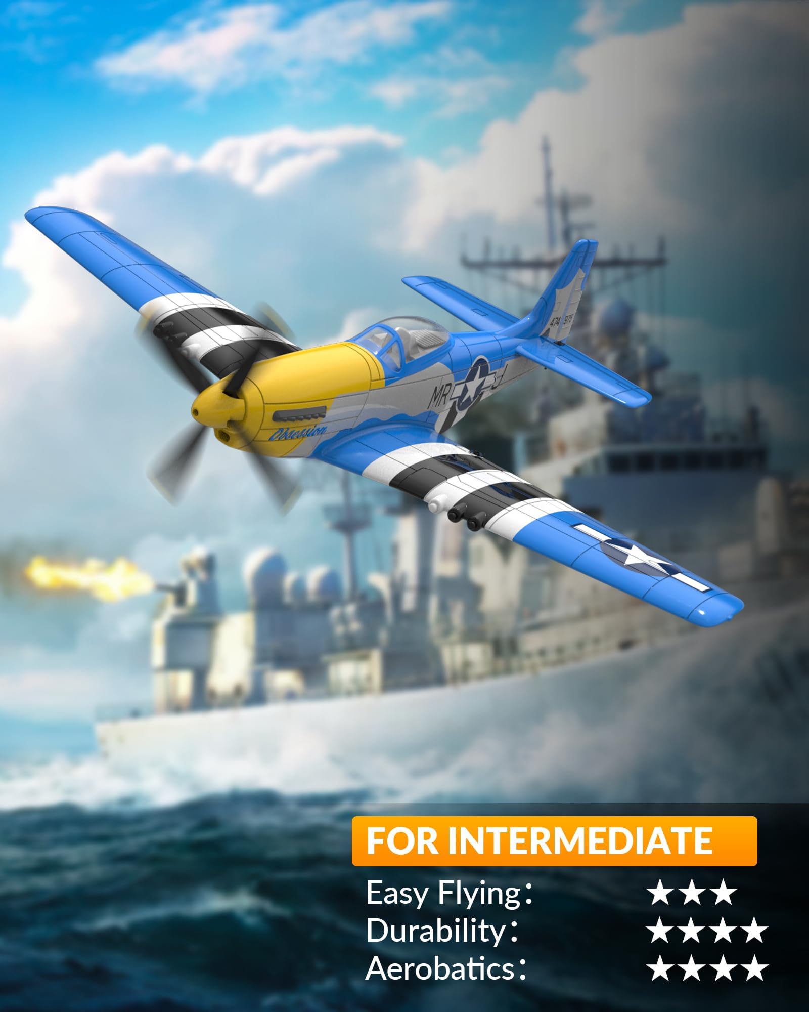 VOLANTEXRC Aereo RC 4 canali P51D Mustang Giocattolo da caccia per aereo telecomandato, Stabilizzatore giroscopico a 6 assi da 2,4 GHz Aereo per aliante RTF, Facile da pilotare per Adulti Principianti