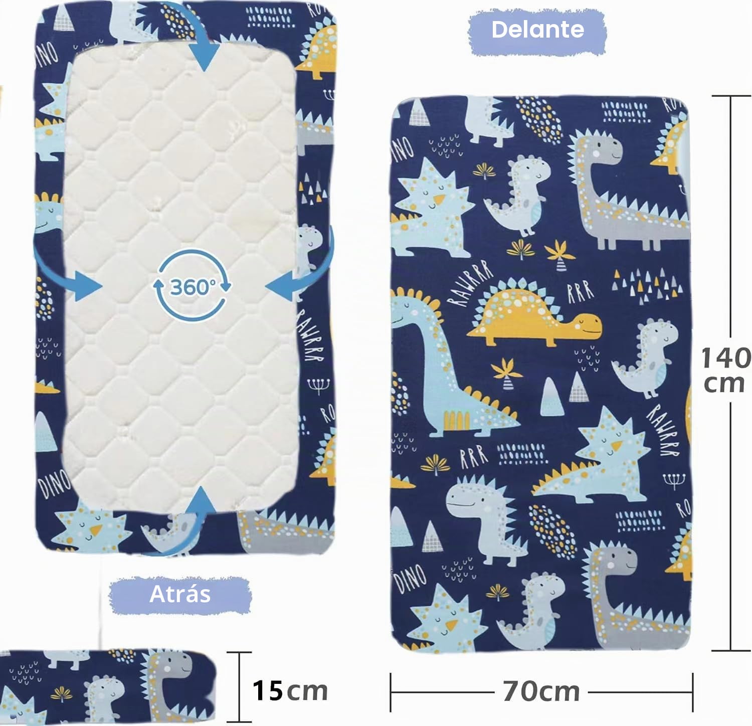 2 x Sábana bajera ajustada para cuna de dinosaurios Aisawate 140x70, 100% algodón jersey suave, protector de colchón para bebé con hasta 15 cm de altura de colchón