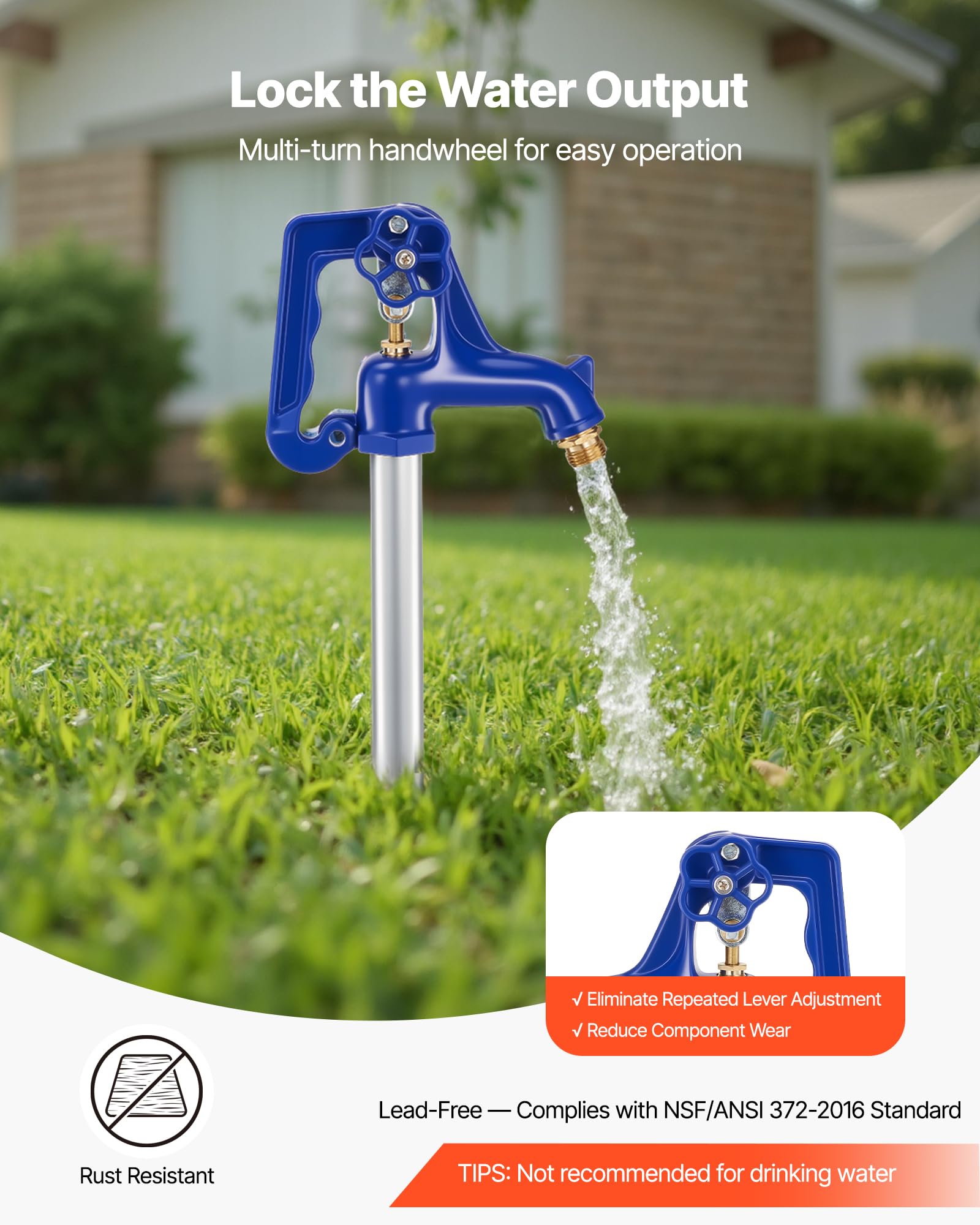 VEVOR Frostsicherer Hofhydrant, 1895 mm, Außenwasserhahn mit 1219,2 mm Eingrabetiefe, G 3/4 Zoll Rohranschluss, Hebelgriff + Handrad, bleifreier Gartenhydrant für Bewässerung von Garten & Bauernhof