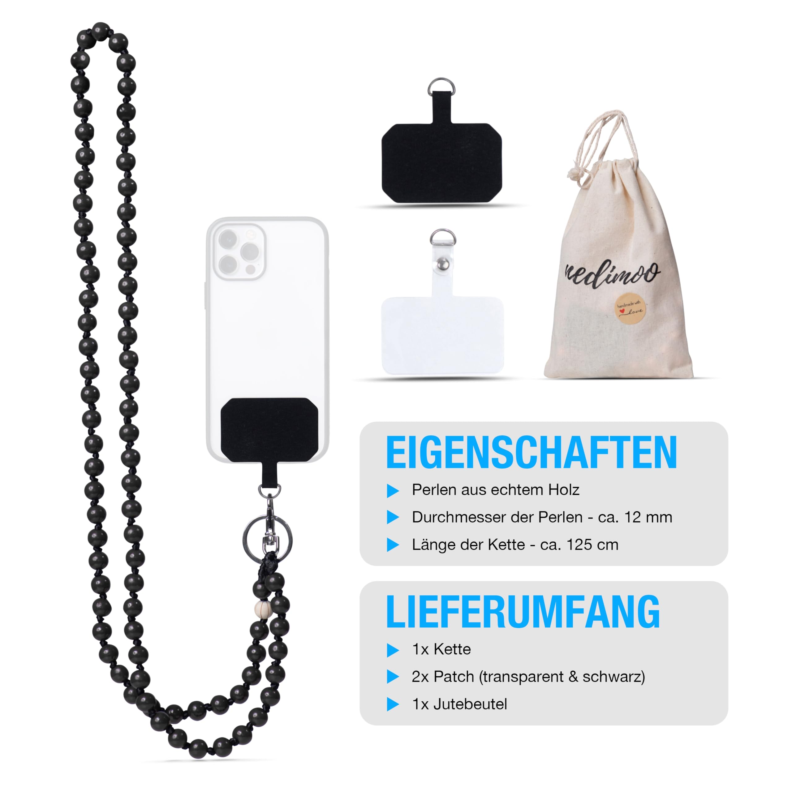 AMAYO - Handykette Universal, Handyanhänger, Handy Perlen Schlüsselband, Handschlaufe, Handygurt, Armband, Handyband, kompatibel mit jedem Handy, Smartphone und Handy Hülle (Weiss Perlen 8mm