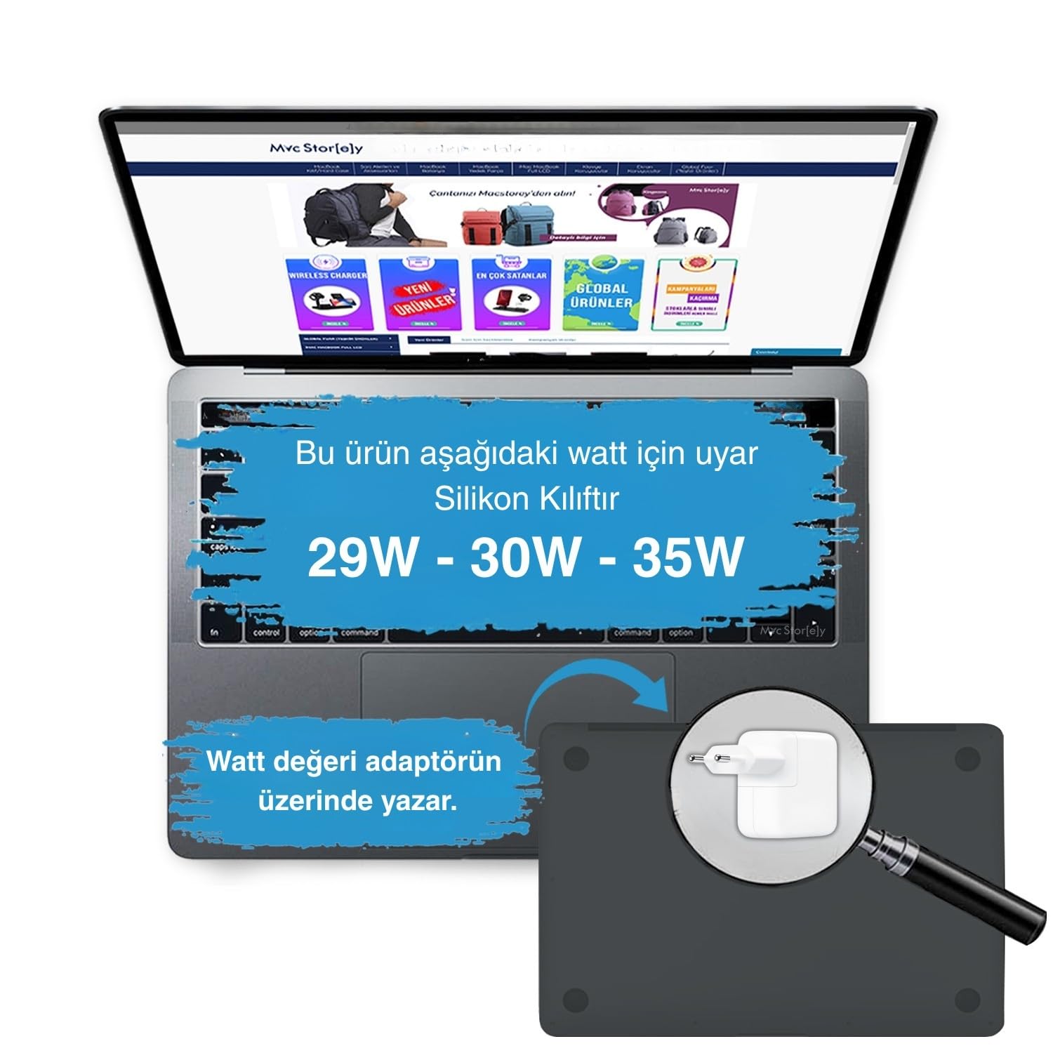 McStorey MacBook Şarj Aleti Kılıfı Silikon | 29W A1540, 30W A1882, 35W A2571 USB-C Uyumlu | MacBook 12 ve Air 13.3/13.6/15.3 Adaptör Koruyucu Mavi