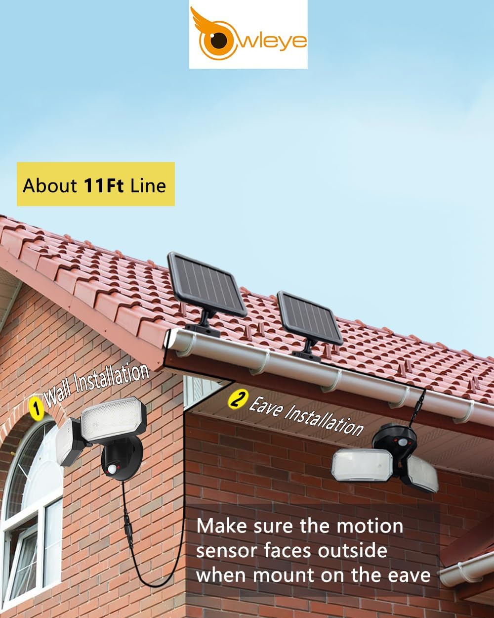 Owleye 2500LM LED Solar Flood Lights Outdoor with Motion, IP65 Waterproof Security Light with 2 Adjustable Head, 3600mAh 3.2V Battery Powered, Separate Solar Panel Lights for Yard, Garage
