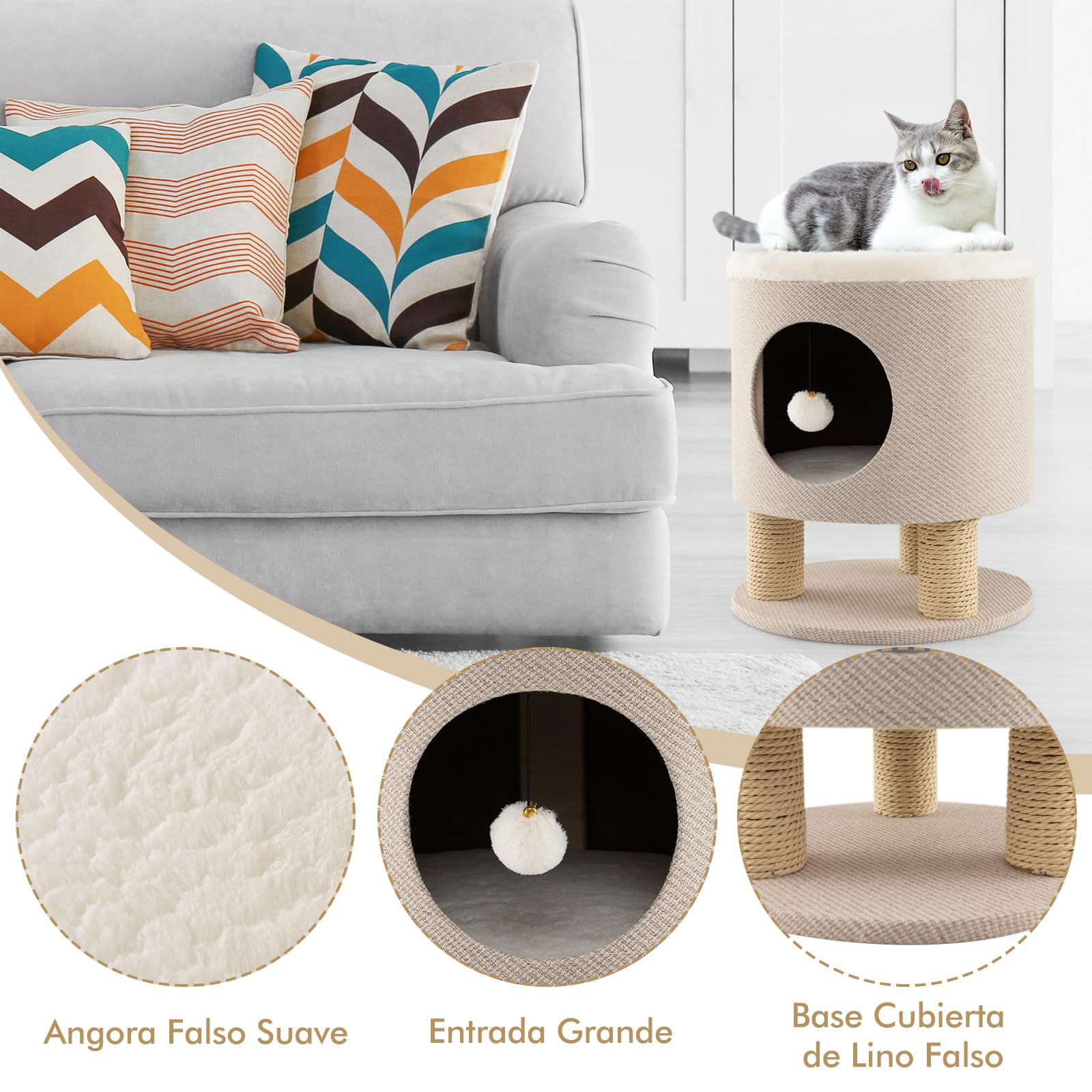 COSTWAY Taburete para Gatos 3 en 1 con Condominio, Casa para Mascotas Otomana, Cueva para Gatos con Poste Rascador y Bola de Felpa, Cama Gato Cueva 40 x 40 x 47 cm (Beige)