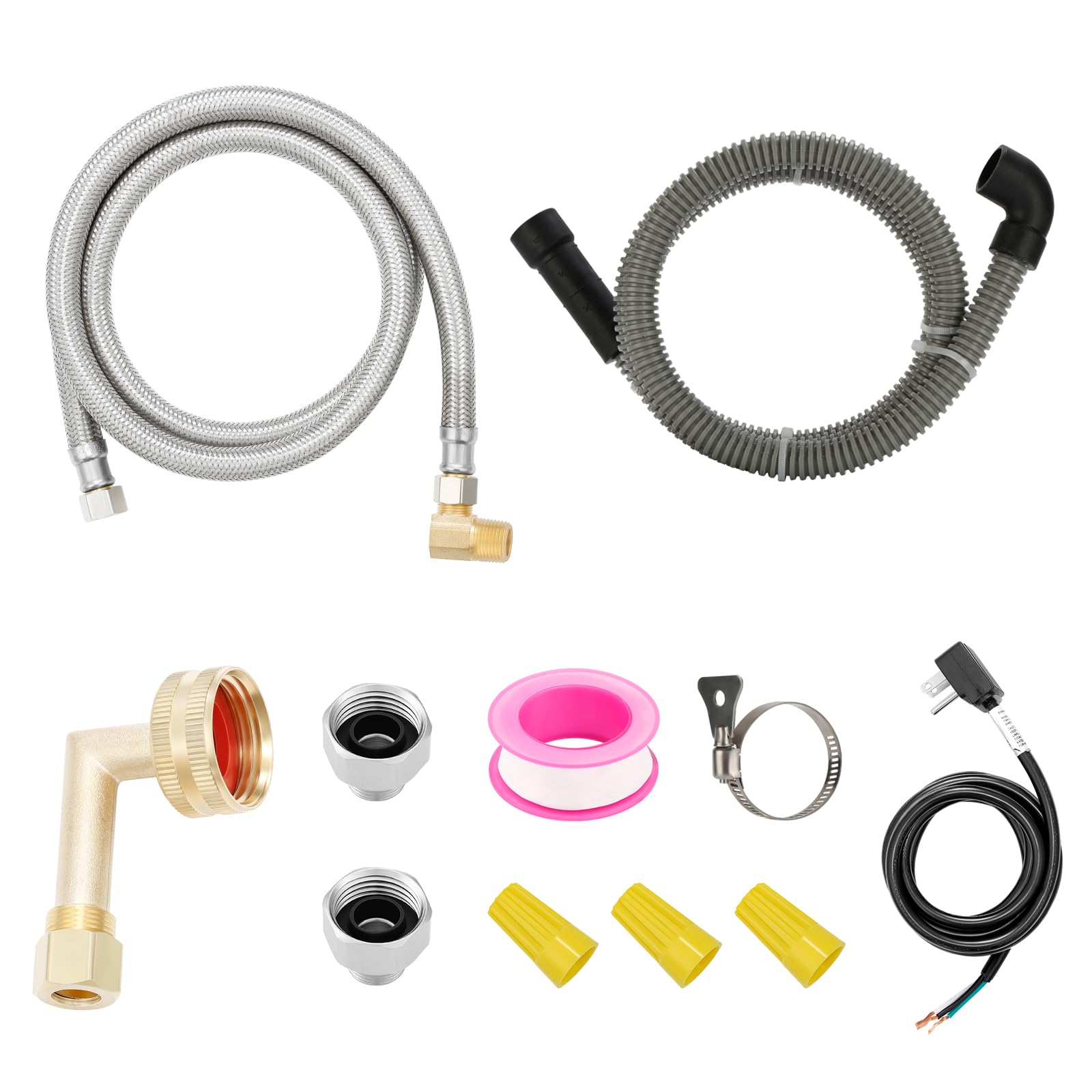 Universal Dishwasher Installation Kit – 6ft Stainless Steel Inlet Hose + 6ft Drain Hose with Power Cord &amp; Accessories