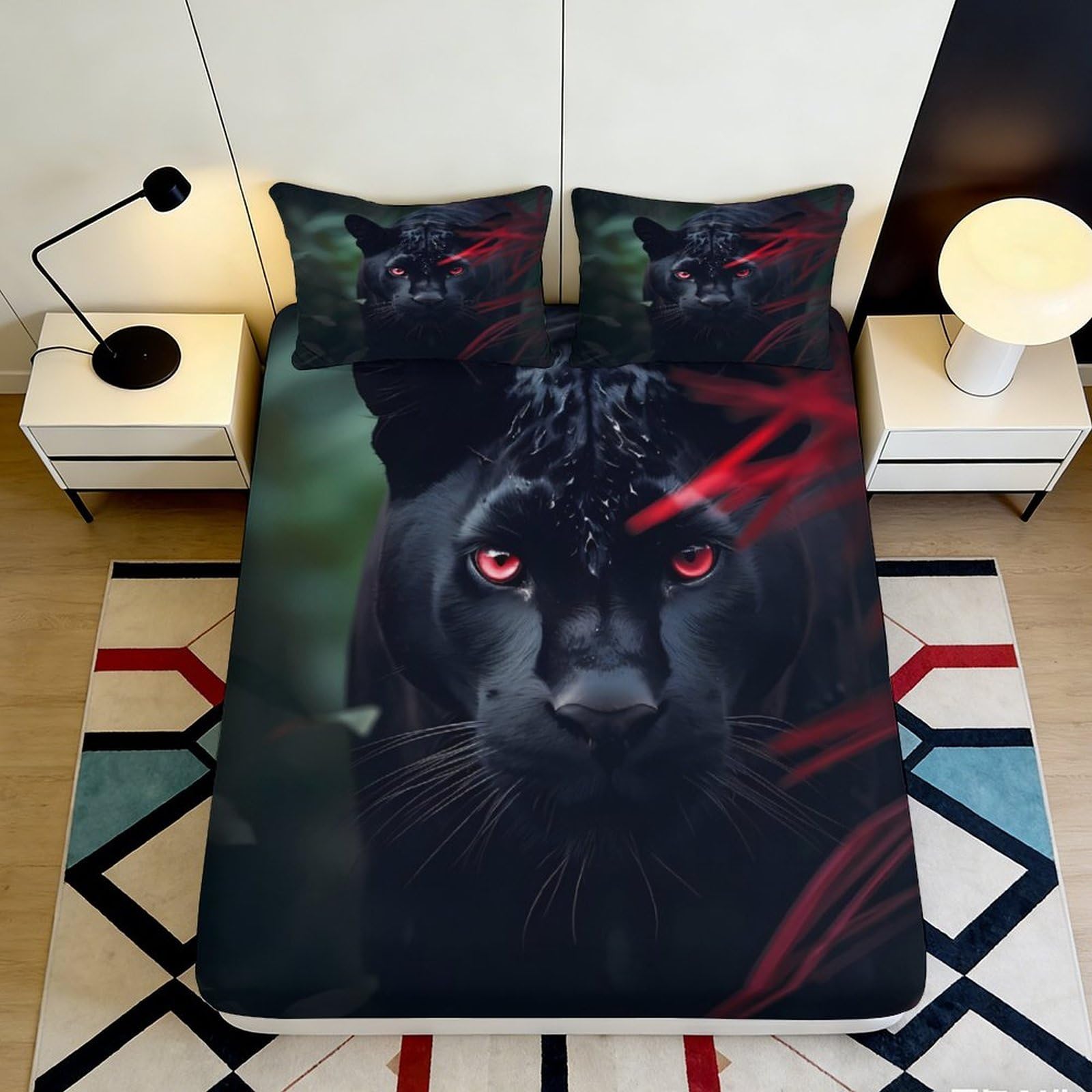 3D Printed Black Panther Fitted Sheet Microfiber Soft Red Eyes Mattress Cover for Bedroom Dorm Mattress Decor 90x200x25cm