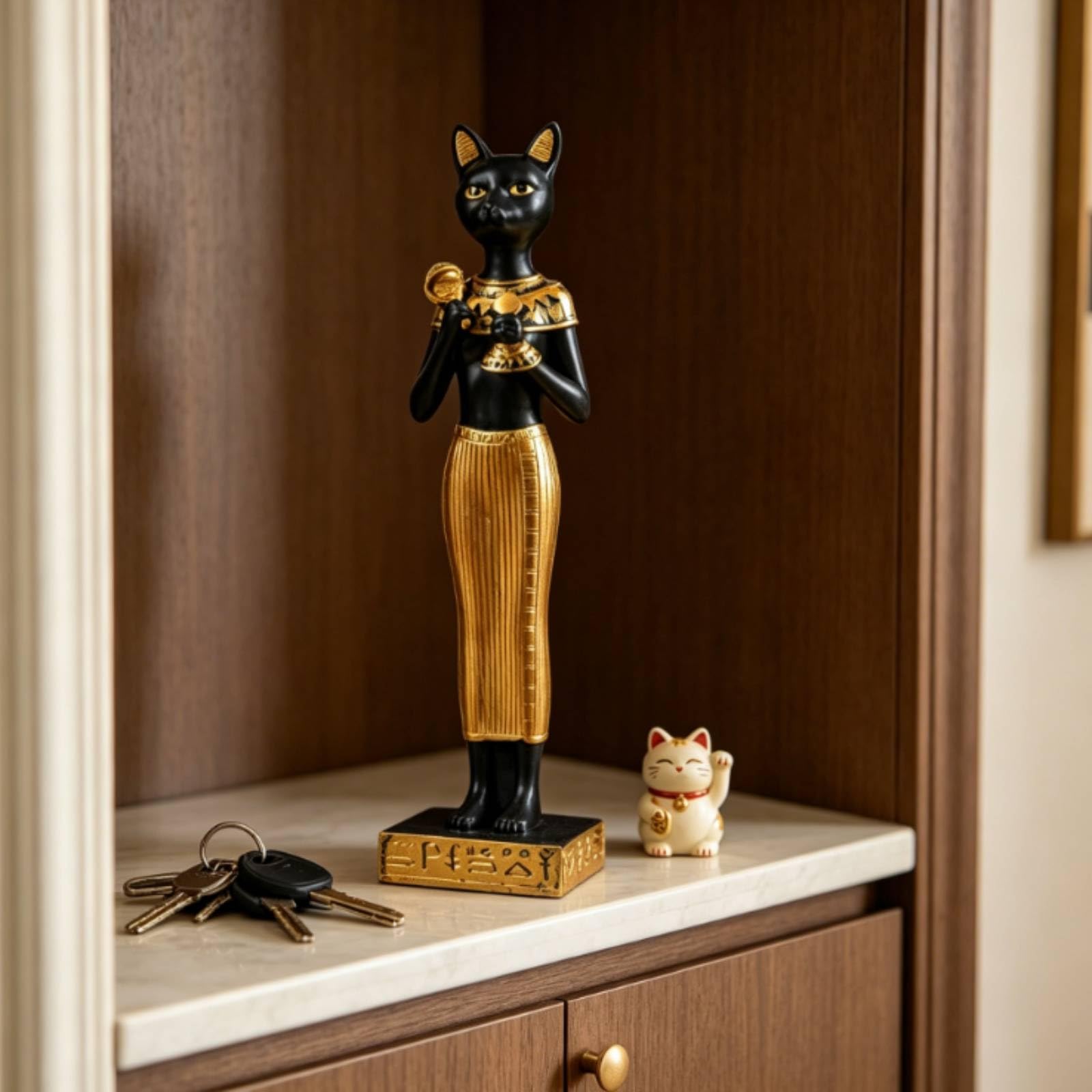 Statua Decorativa Gatto Bastet Ornemento in Resina con Accenti Dorati E Slanciata Base Rettangolare Stile per Interno Ufficio Studio Adatta a Ripiani Consolle Librerie 28.5cm