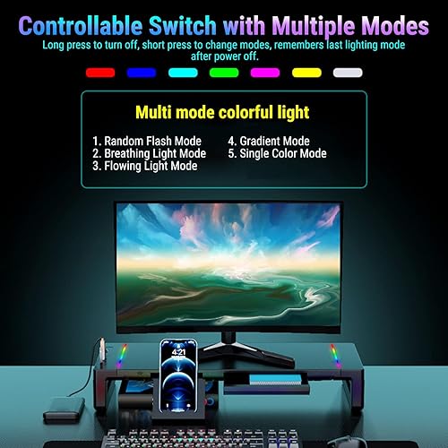 Miniatura 6 de Sanpyl Monitor Stand Riser, Foldable Computer Monitor Riser, Adjustable Length Computer Stand with 4 USB Ports, Storage Drawer, Phone Holder