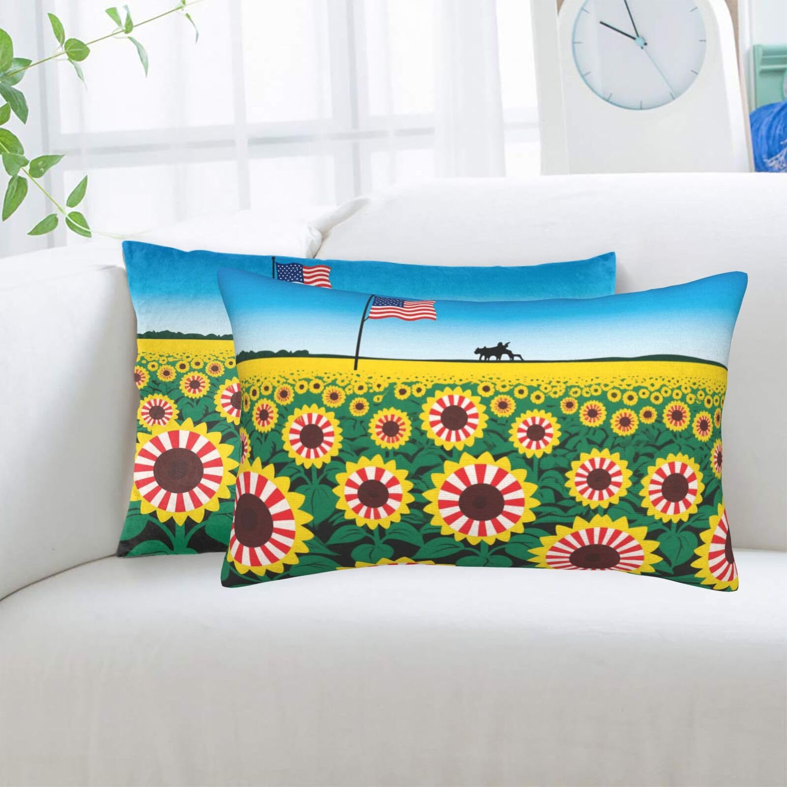 2 Pack Standard Pillowcases Sets, Ultra Soft Comfort Microfiber Plush Pillow Cases American-Sunflower Us-Flag Stripes Decorative Throw Pillow Cover with Hidden Zipper for Bedroom, Sofa, Couch,20"X30"