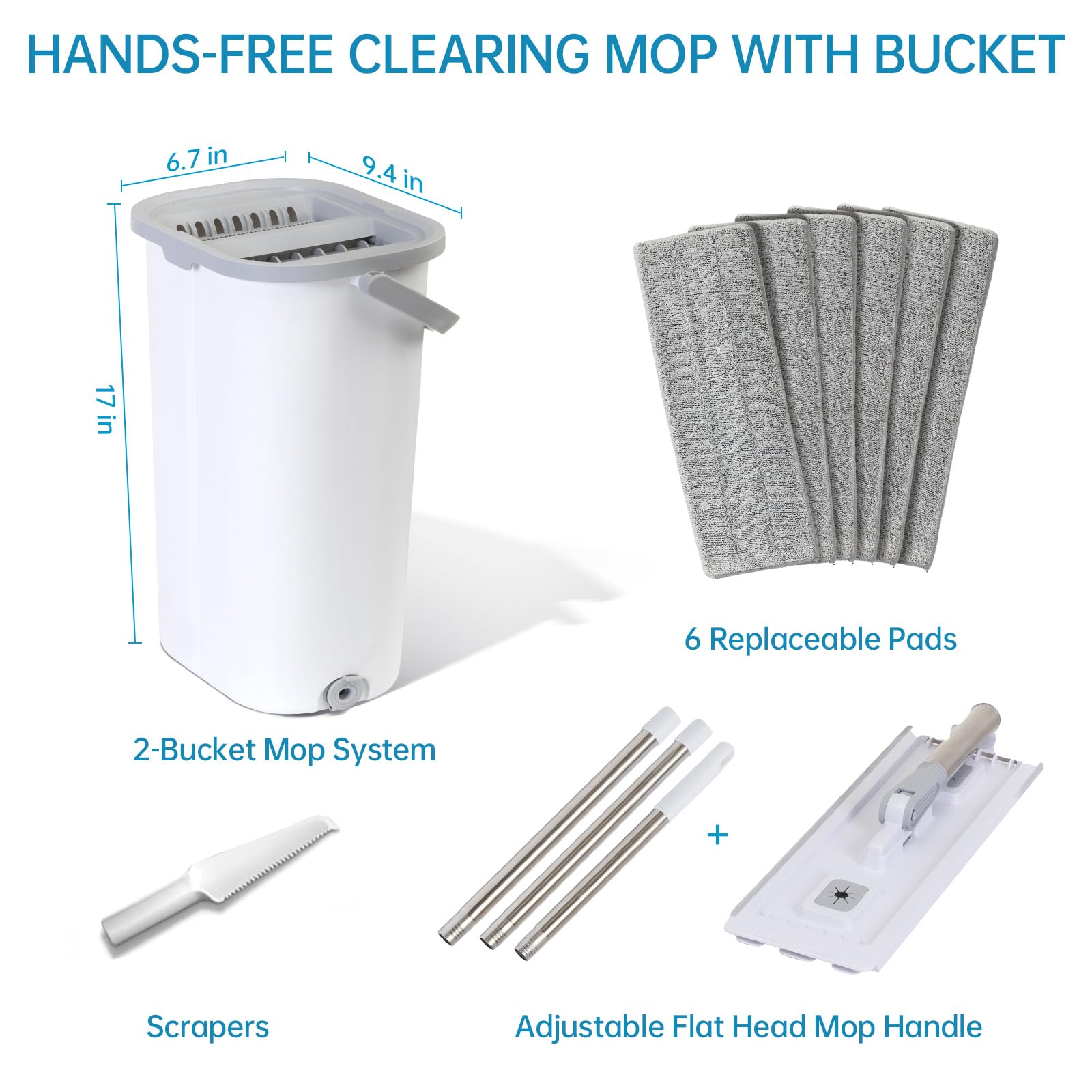 Juego de fregona y cubo con escurridor para el hogar, fregonas planas y cubo para limpieza de suelos, 6 almohadillas de microfibra reutilizables, sistema de limpieza de suelos del hogar, para