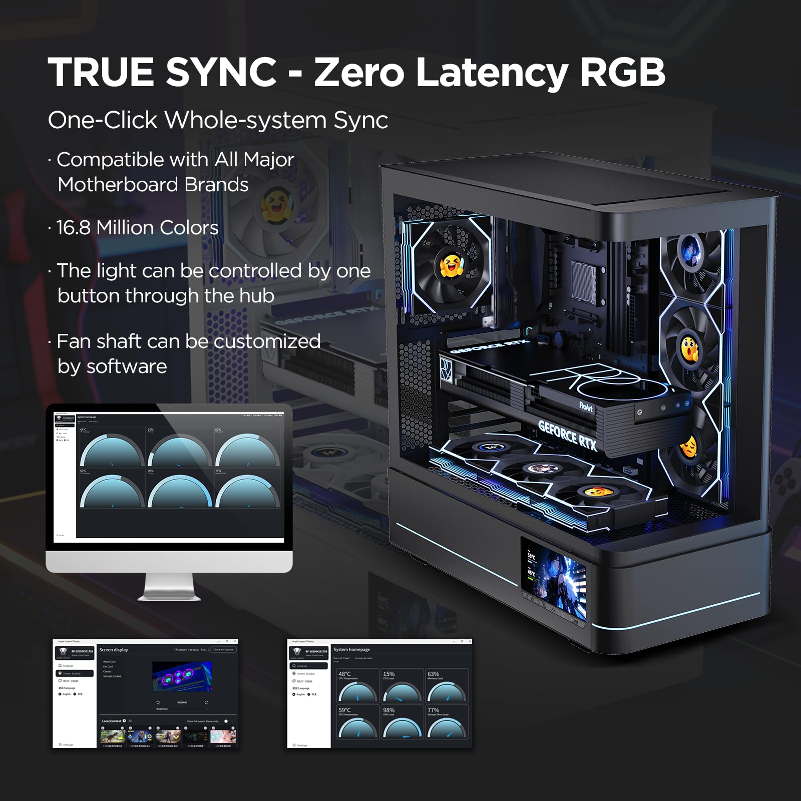 TZMRIT Interstellar-V4 LCD Daisy Chain RGB PC Fan 120 mm, 1.5 Inch LCD/24 LEDs/2100 RPM/61.54CFM/28 mm (Black Reverse)