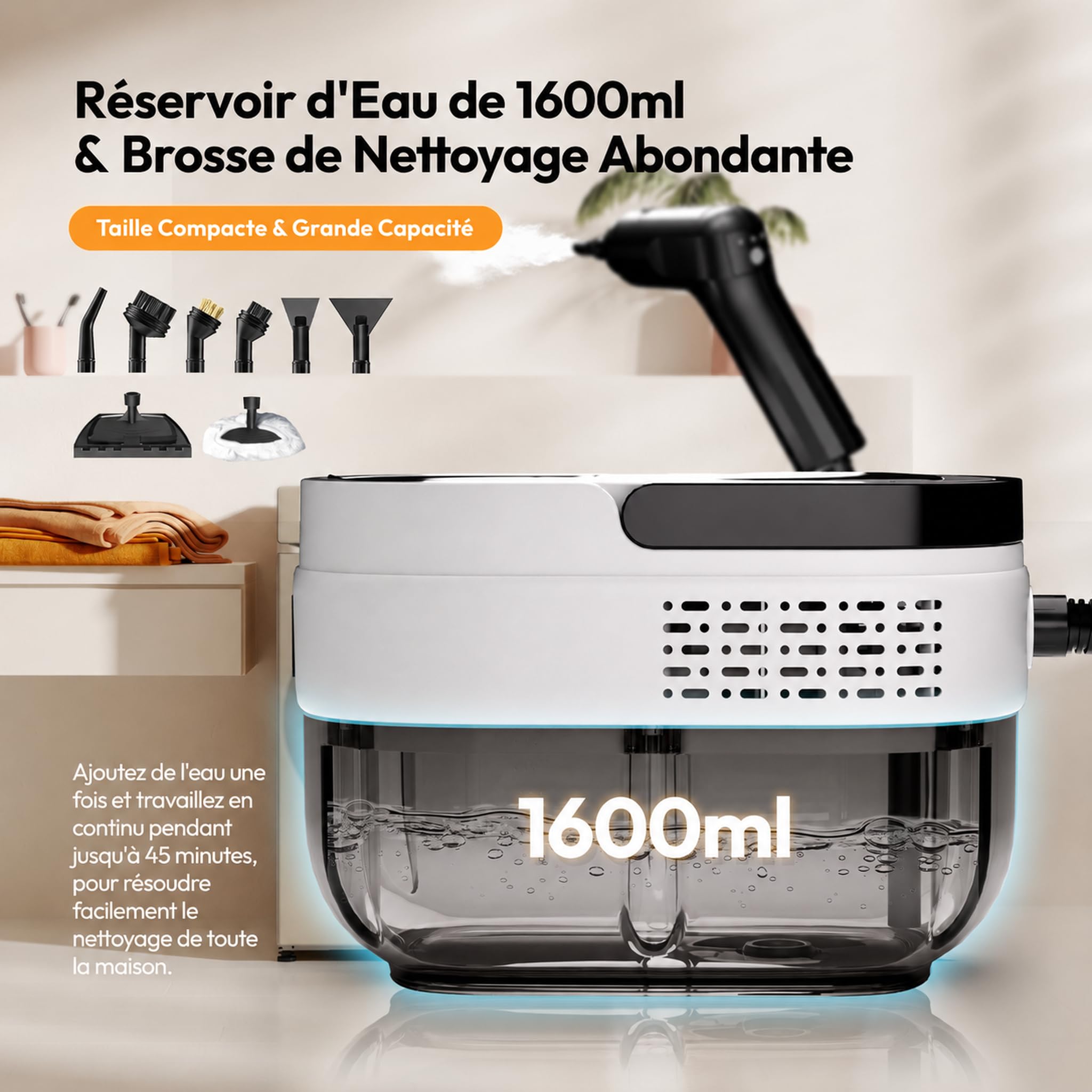 Nettoyeur Vapeur Portatif, Steam Cleaner pour La Maison, Multi-usage Steamer, Poignée Réglable 3 Niveaux, 1600ml Réservoir d'eau, Nettoyeur Vapeur à Main pour Fenêtres, Cuisine, Voiture, Salle de Bain