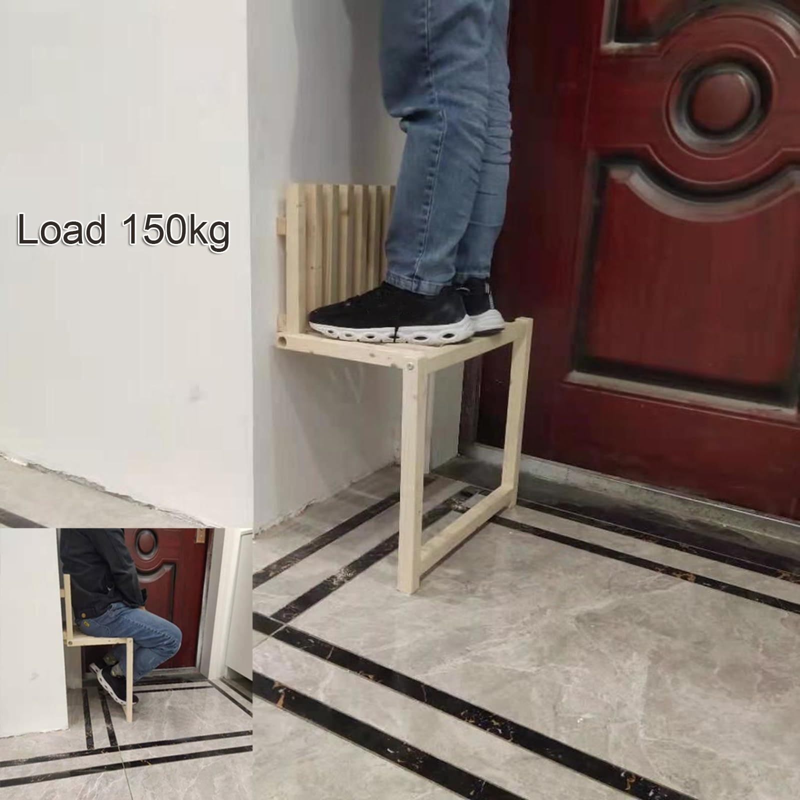 Bois Massif avec Pieds Chaise Pliante Hauteur 35/42 Cm Chaises Pliantes Murales Charge 150kg Home Entrance Tabouret Salle De Bain 90° Silencieusement Pliable Épaisseur 4 Cm