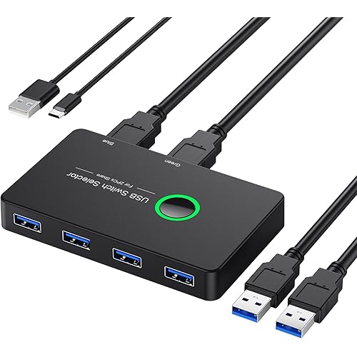 USB 3.0 Switch, USB Switcher 2 Computers Share 4 USB for PC Mouse Keyboard Printer Scanner, USB KVM Switch Selector Compatible with Windows, Mac, Linux