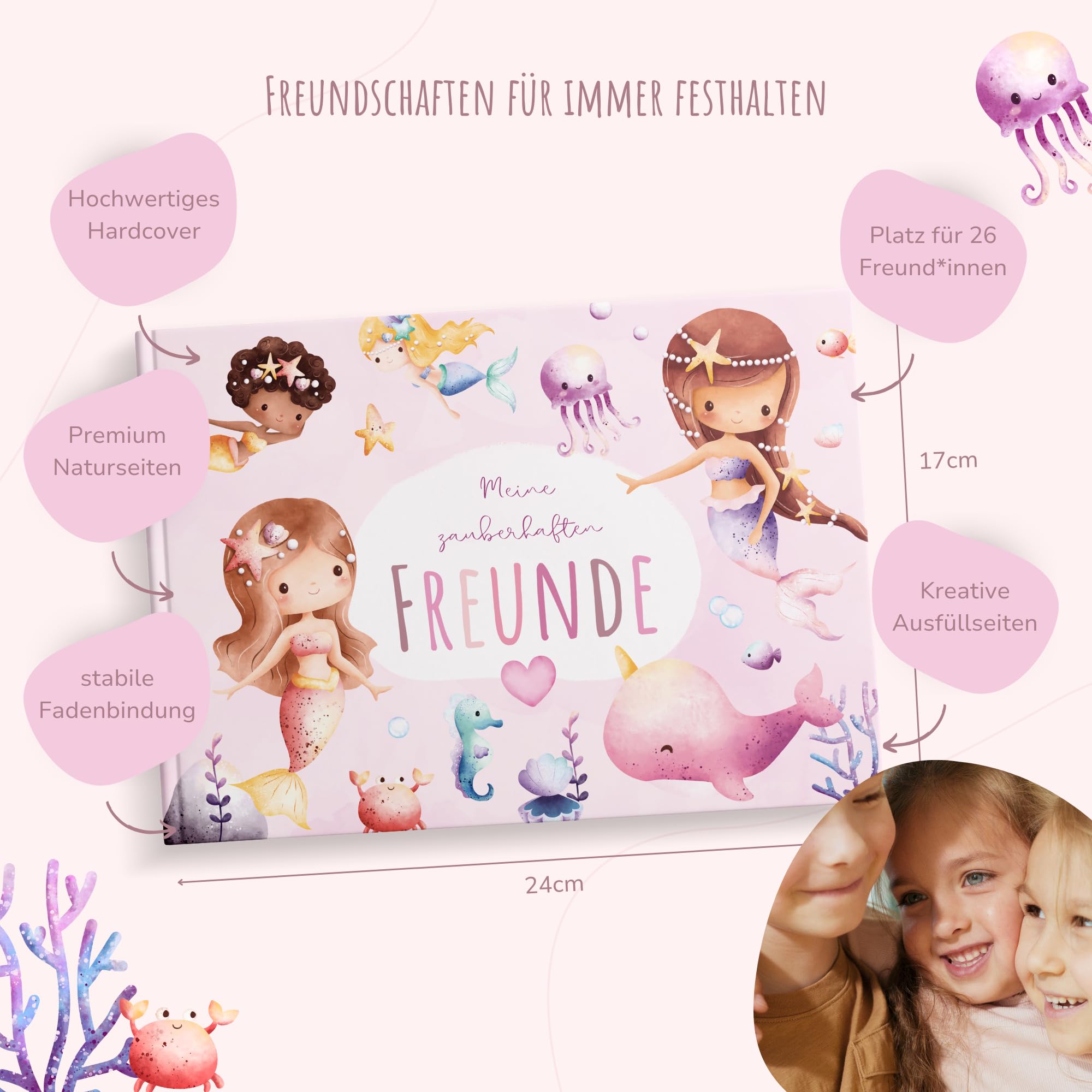 MeinBaby123® Libro degli amici per bambini, libro dell'amicizia, libro degli amici, scuola materna, libro degli amici per ragazze, album dell'amicizia, regalo per ragazze (sirena)