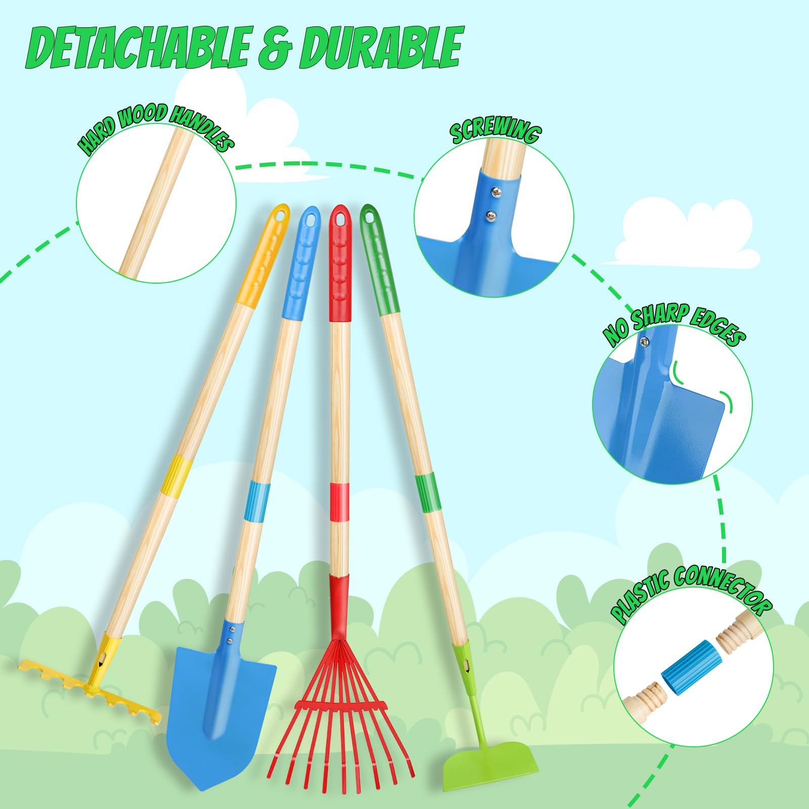 Magic4U Kids Gardening Tools Set, 22 Pcs Metal Garden Tools Toys with Apron, Gloves, Wood Handle Shovel, Rake, Hoe and Leaf Rake, Outdoor Digging Toys Gifts for Kids Age 3+ - Image 5