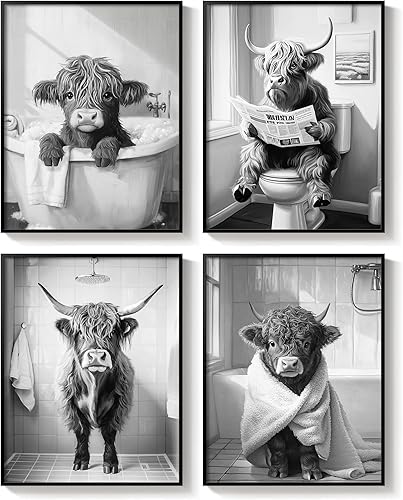 Miniatura 8 de Arte de pared enmarcado divertido de vaca de las tierras altas para baño, 4 piezas de impresiones de pintura en lienzo en blanco y negro, divertida