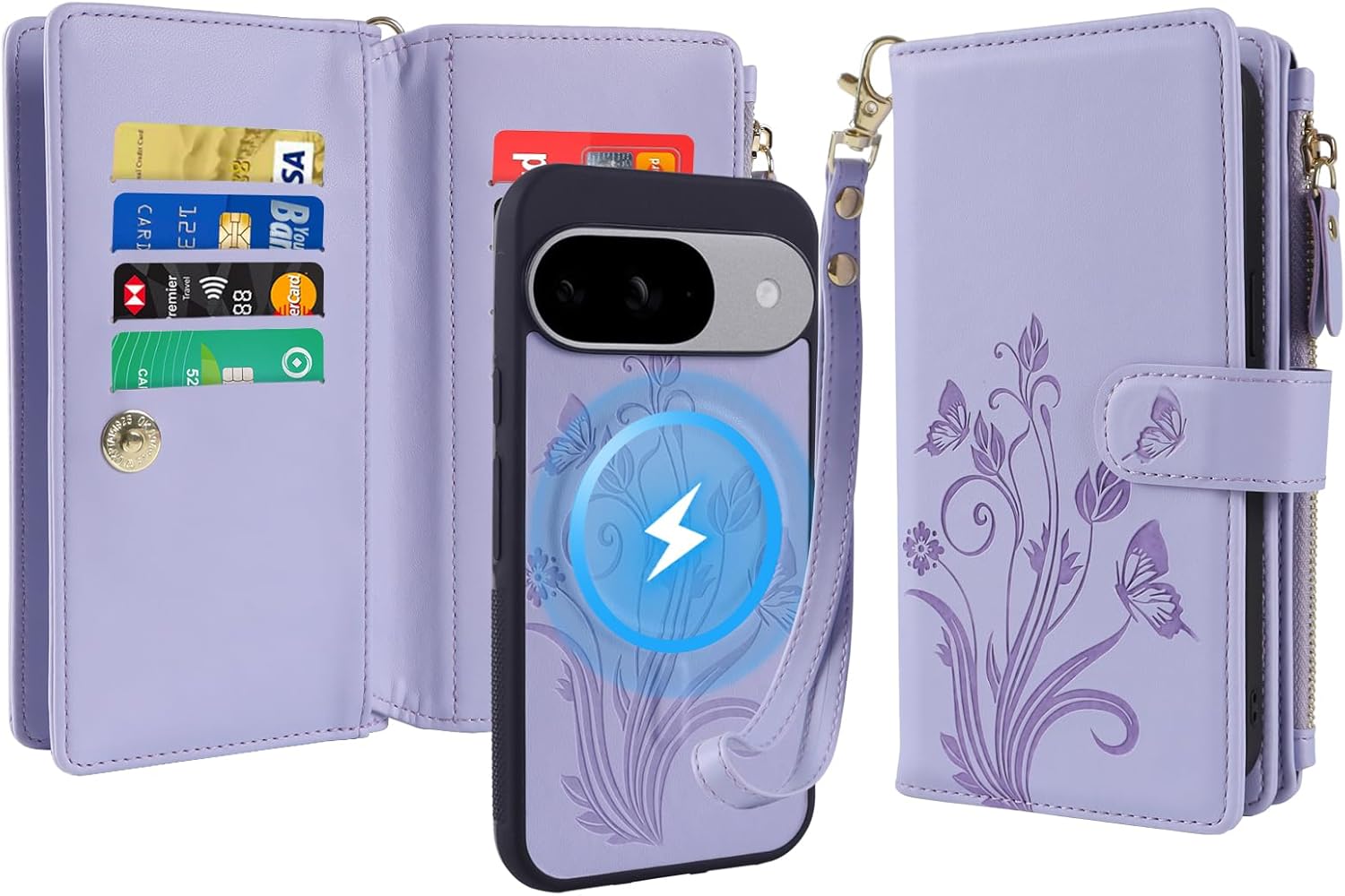 for Google Pixel 9/9 Pro/10/10 Pro Case Wallet,Compatible with MagSafe 2 in 1 Magnetic Detachable PU Leather RFID Blocking Wallet Cover Card Holder Zipper Wrist Strap,Floral Sky Blue