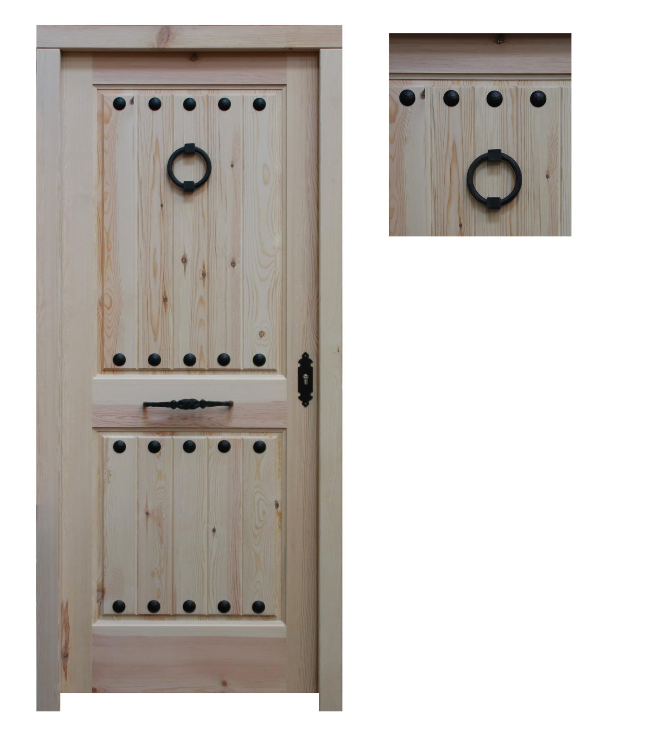 Puertas IBERGAMA - Puerta de Entrada de Madera, Barnizada en Color Nogal o en Crudo, Puerta exterior estilo Rústico. (Apertura Izquierda)
