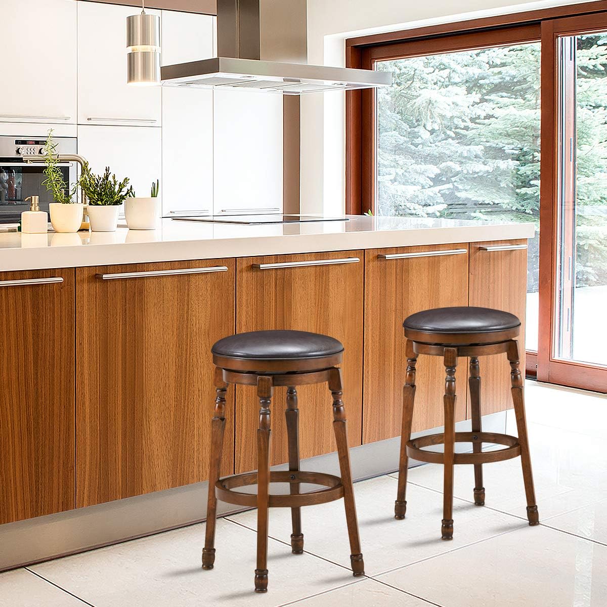 COSTWAY Backless Bar Stools Set of 2, 29-Inch Counter Height Round Stool with 360° Swivel Cushioned Seat, Soft PU Leather Barstool with Sturdy Natural Rubber Wood, Easy Assemble for Home Pub Cafe