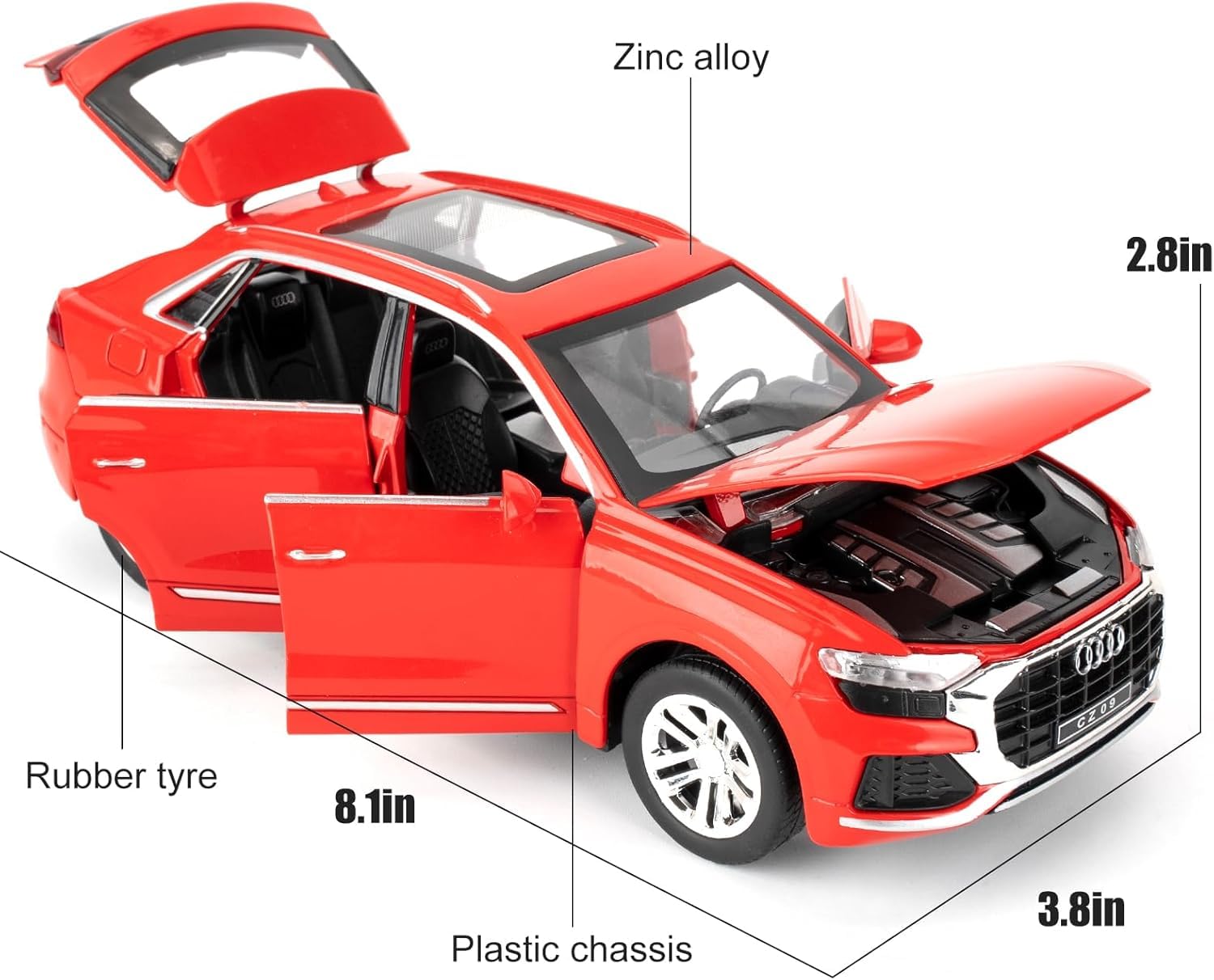 FUNABLO Exclusive Alloy Metal Pull Back Die-cast Car Model with Sound Light Mini Auto Toy for Kids Metal Model Toy Car with Sound and Light (1.24 Scale AODI Q8 - RED) 1