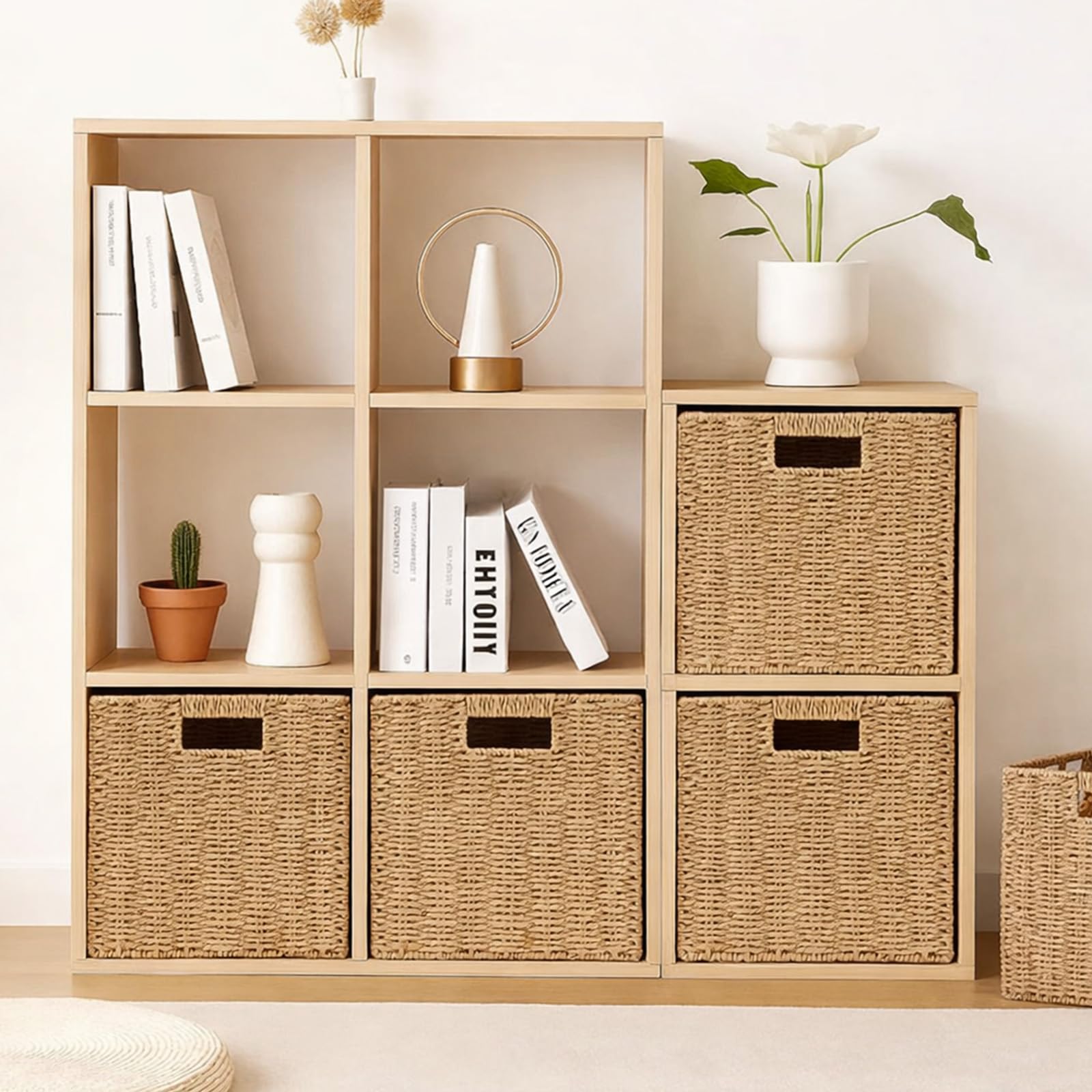 Aufbewahrungskorb Geflochten aus Rattan 31 * 31 * 31cm(4er) Große Faltbare Körbe mit Griffen & Metallrahmen, – Passend für Kallax Einsatz & Würfelregale, Regalkorb für Wohnzimmer & Schlafzimmer