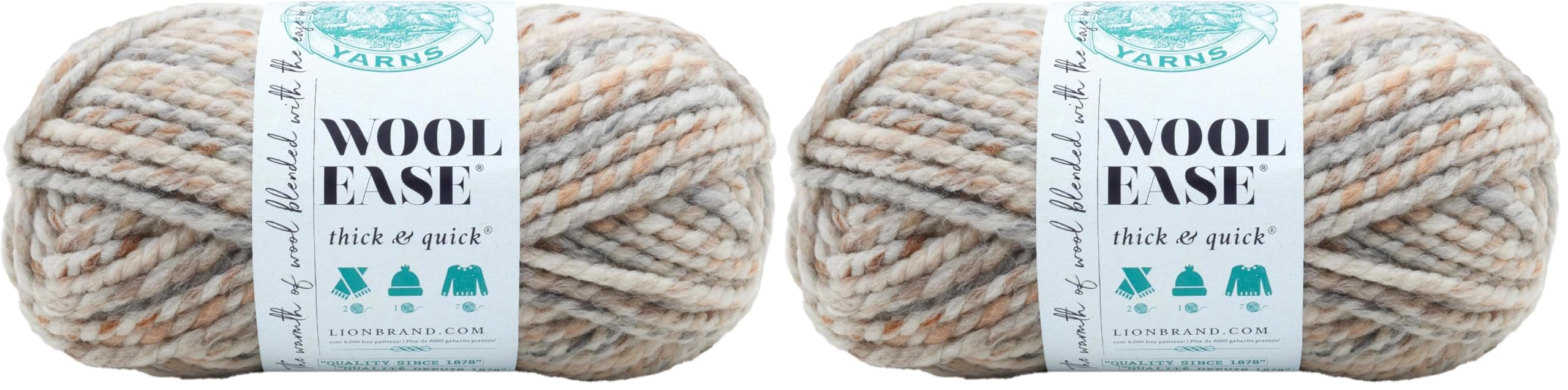 Lion Brand Yarn_Wool-Ease Thick &amp; Quick_Yarn, Soft and Bulky Yarn_for Knitting, Crocheting, and Crafting, 1 Skein, Fossil (Pack of 2)