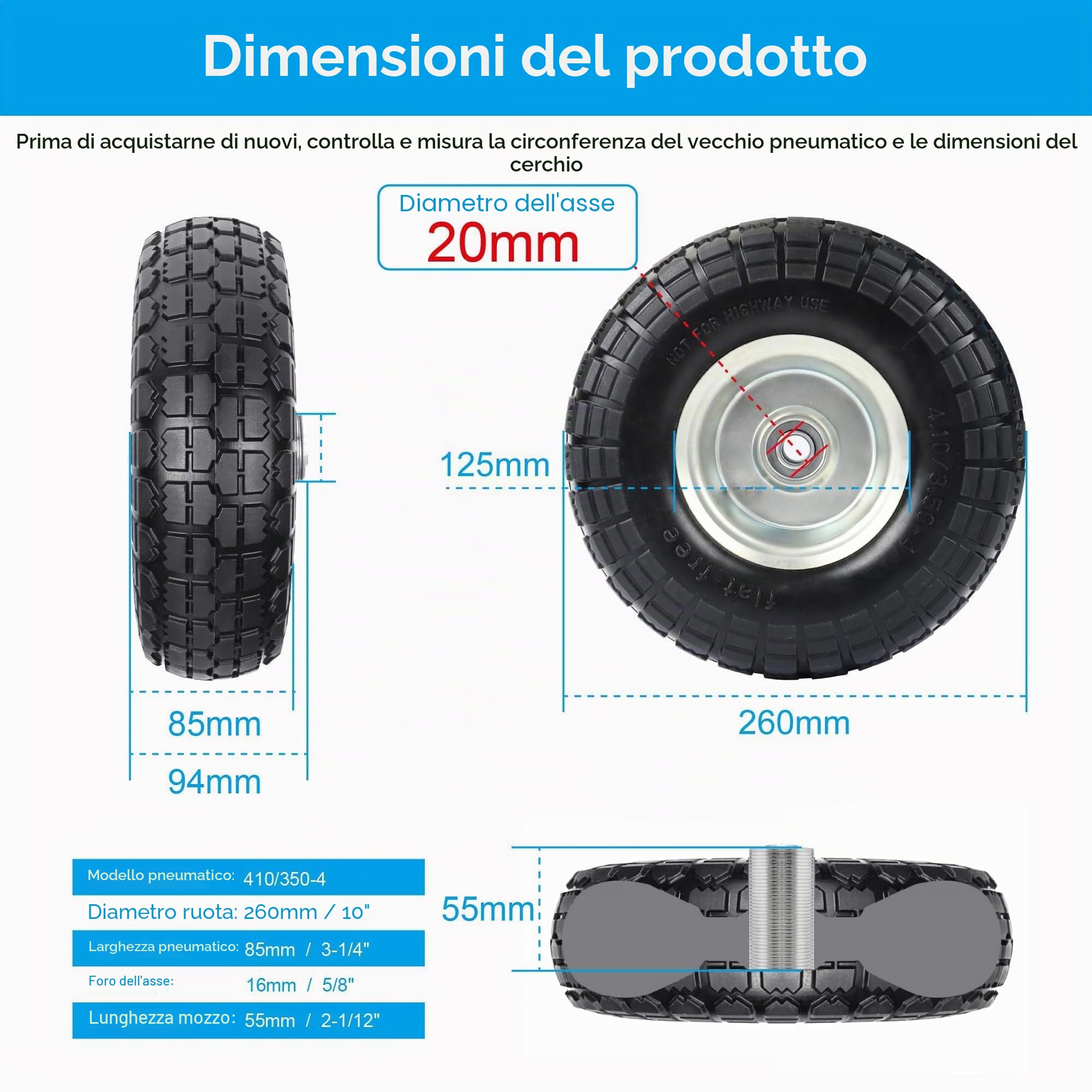 Ruote per carrello: set di 2 pneumatici in gomma piena 4.10 3.50-4, ruote di ricambio per carretto da trasporto 260 x 85 mm, (mozzo da 20 mm)