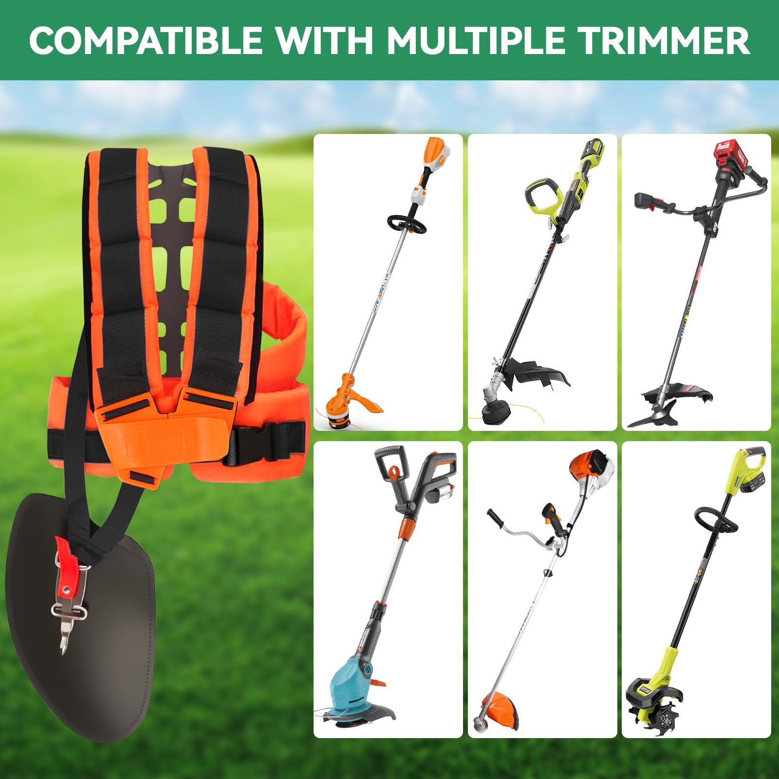 Harnais Double pour Débroussailleuse, Lanière de Support Réglable Universelle pour Coupe-bordures Taille-bordures, Bretelles Rembourrées en Nylon pour Travaux de Jardinage (Orange)