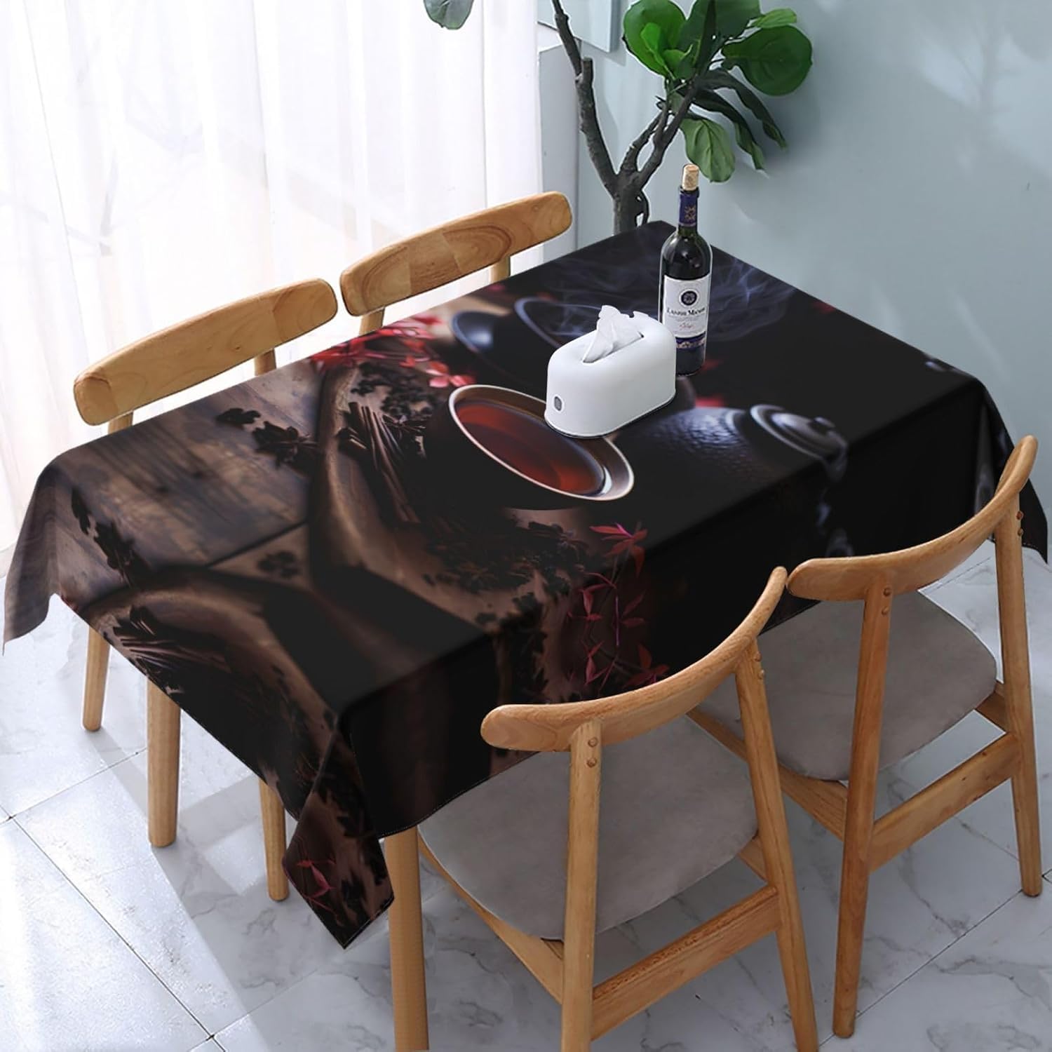 Prostokątny obrus 160 x 240 cm chiński styl i herbaciarnia obrus z poliestru odporny na plamy ochraniacz na stół 8-osobowy, idealny do kuchni i na imprezy 6511v