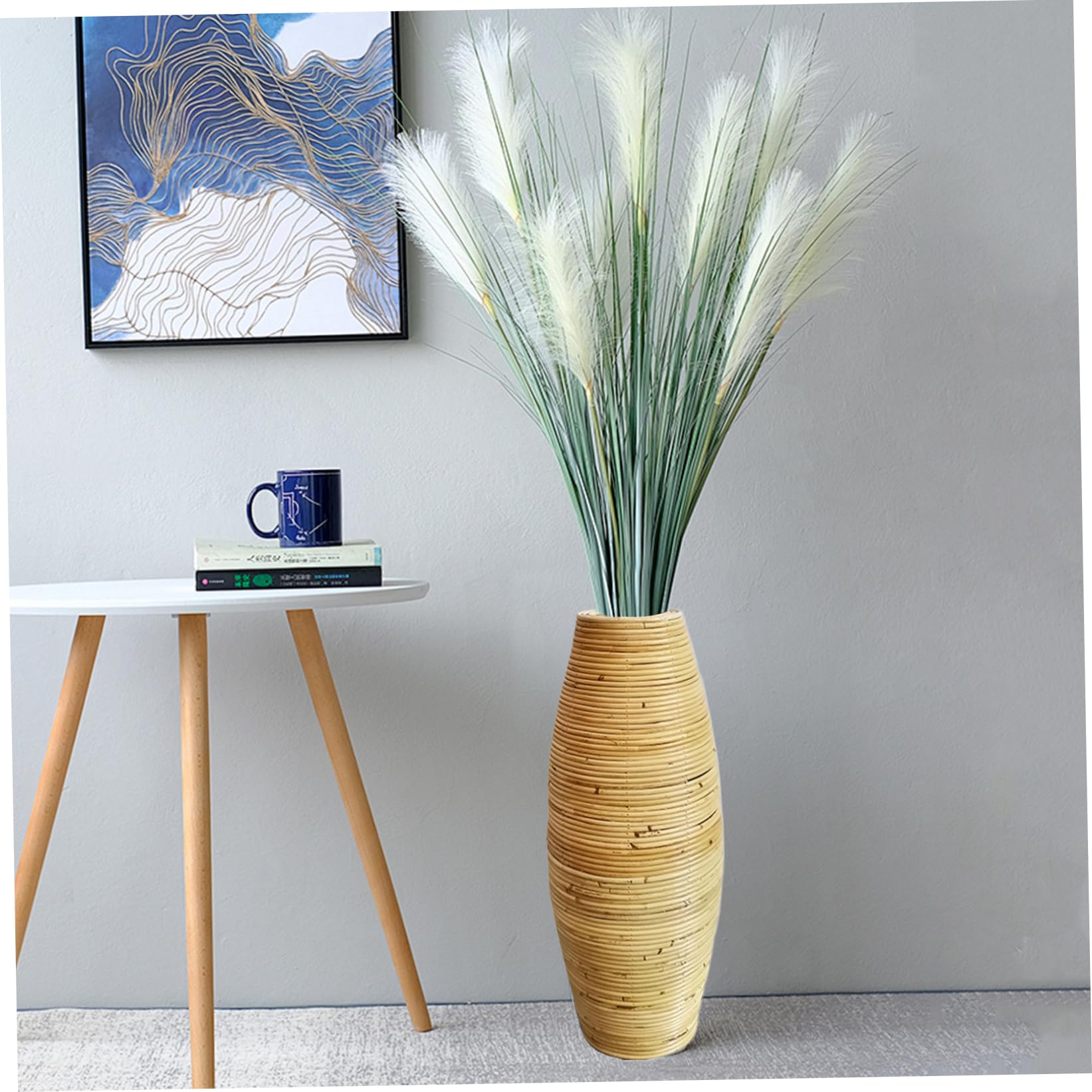 Jarrón de ratán de 50 cm de Alto para Suelo Soporte de Mimbre Tejido para decoración del hogar recipientes artísticos Decorativos de Flores secas de Pampas para estantería Centro de Mesa.