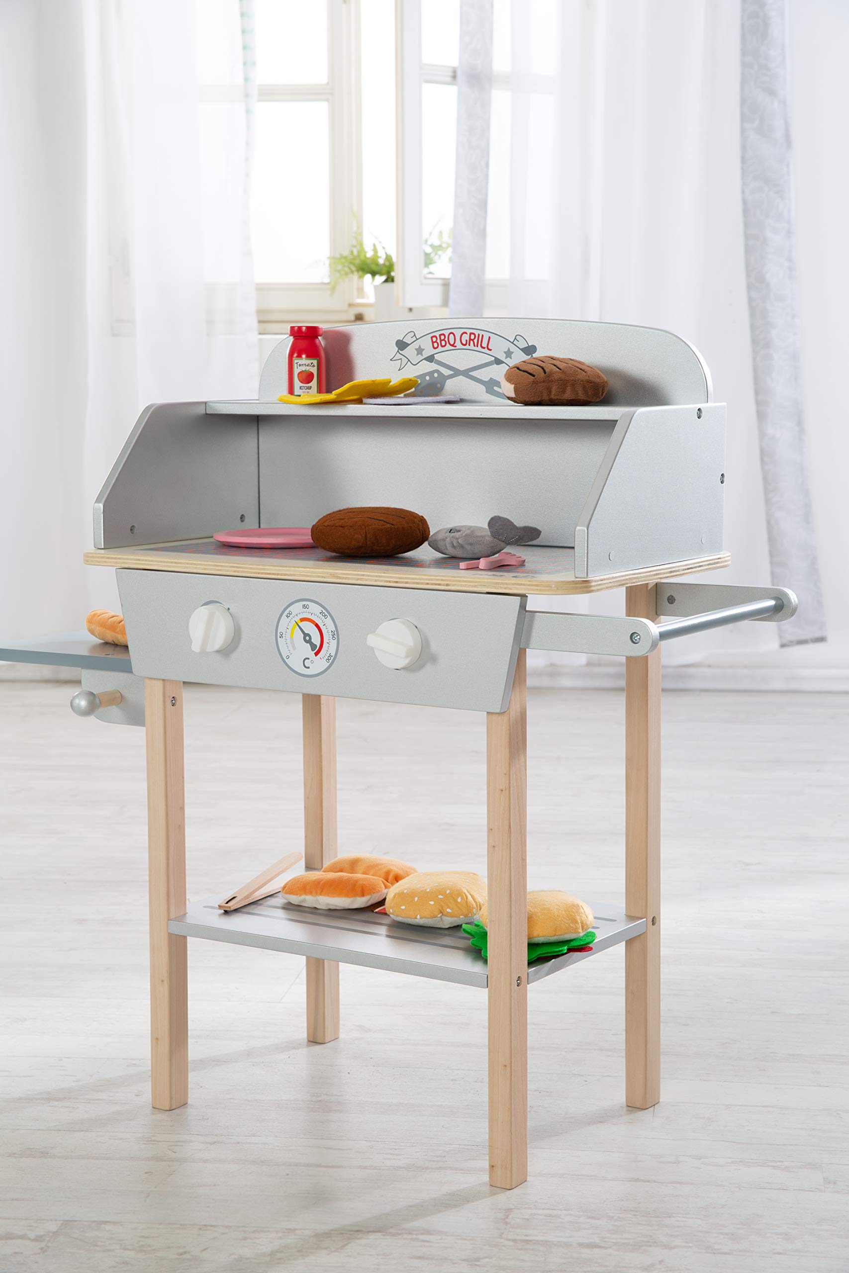 roba Jouet Barbecue en Bois pour Enfant - Cuisine Extérieure + 14 Pièces d'Accessoires et Ingrédients Burger en Peluche