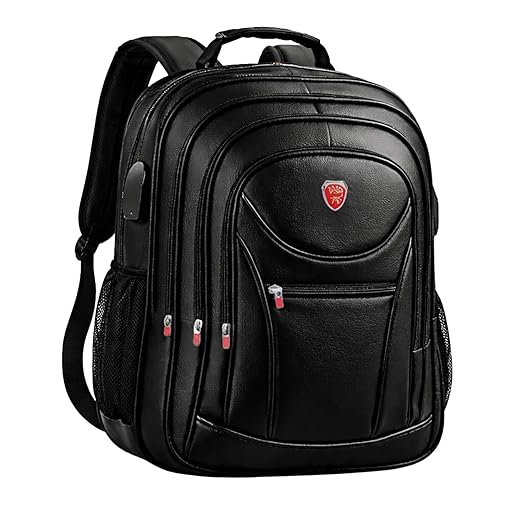 Mochila Couro Sintético Premium Resistente à Água Antifurto Cabo de Aço Saída USB P2 Compartimento Notebook até 17” Grande Capacidade 50L Executiva Unissex