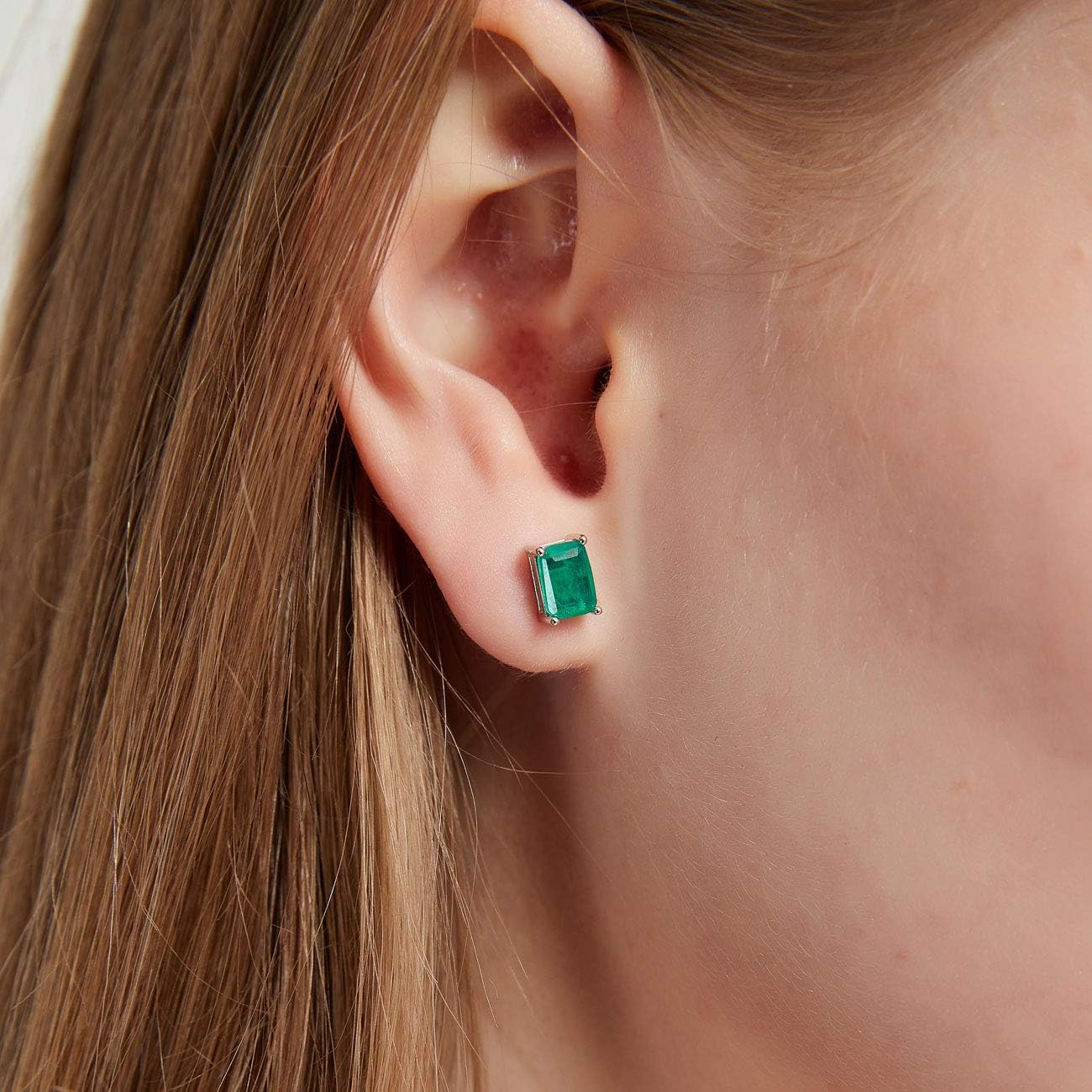 Michooyel Sterling Silver 1.2ct Synthetic Emerald Stud Earrings Solitaire 4 Prongs Setting Baguette Women's Earrings - Image 2