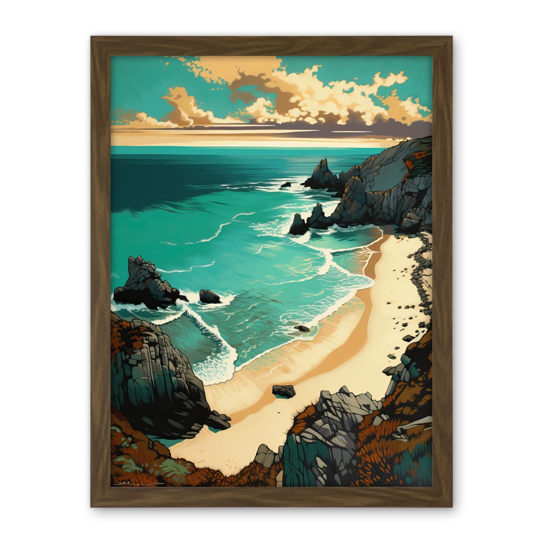 Artery8 Porthcurno Sandy Beach Cliffs Coastal Landscape Artwork Framed Wall Art Print 18X24 Inch
