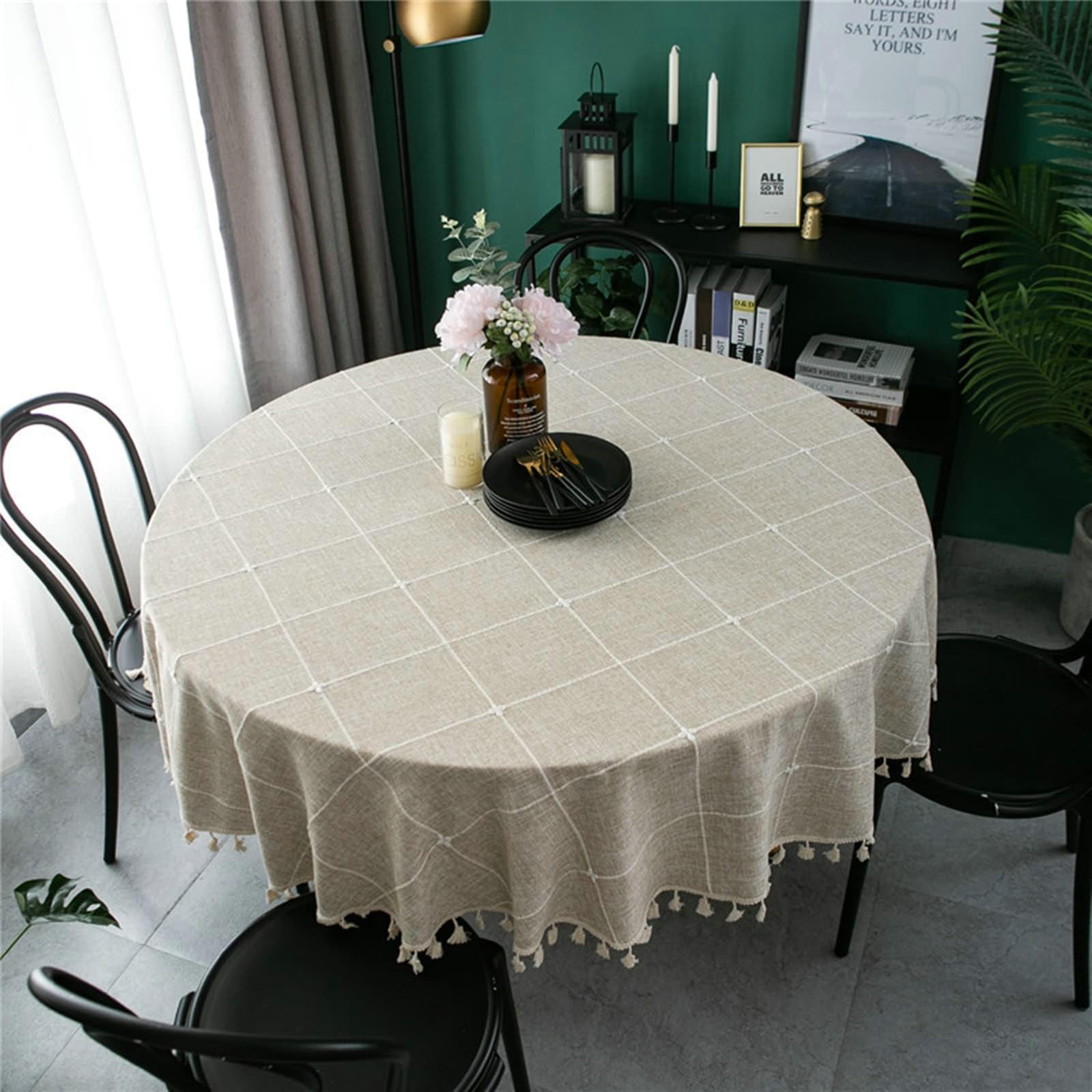 Gualiy Mantel Redondo Restaurante, Poliéster Algodón Manteles de Mesa Round 180CM Mantel de Cocina Antimanchas Jacquard de Cuadros con Borlas Mantel para Mesa de Cocina, Café Claro