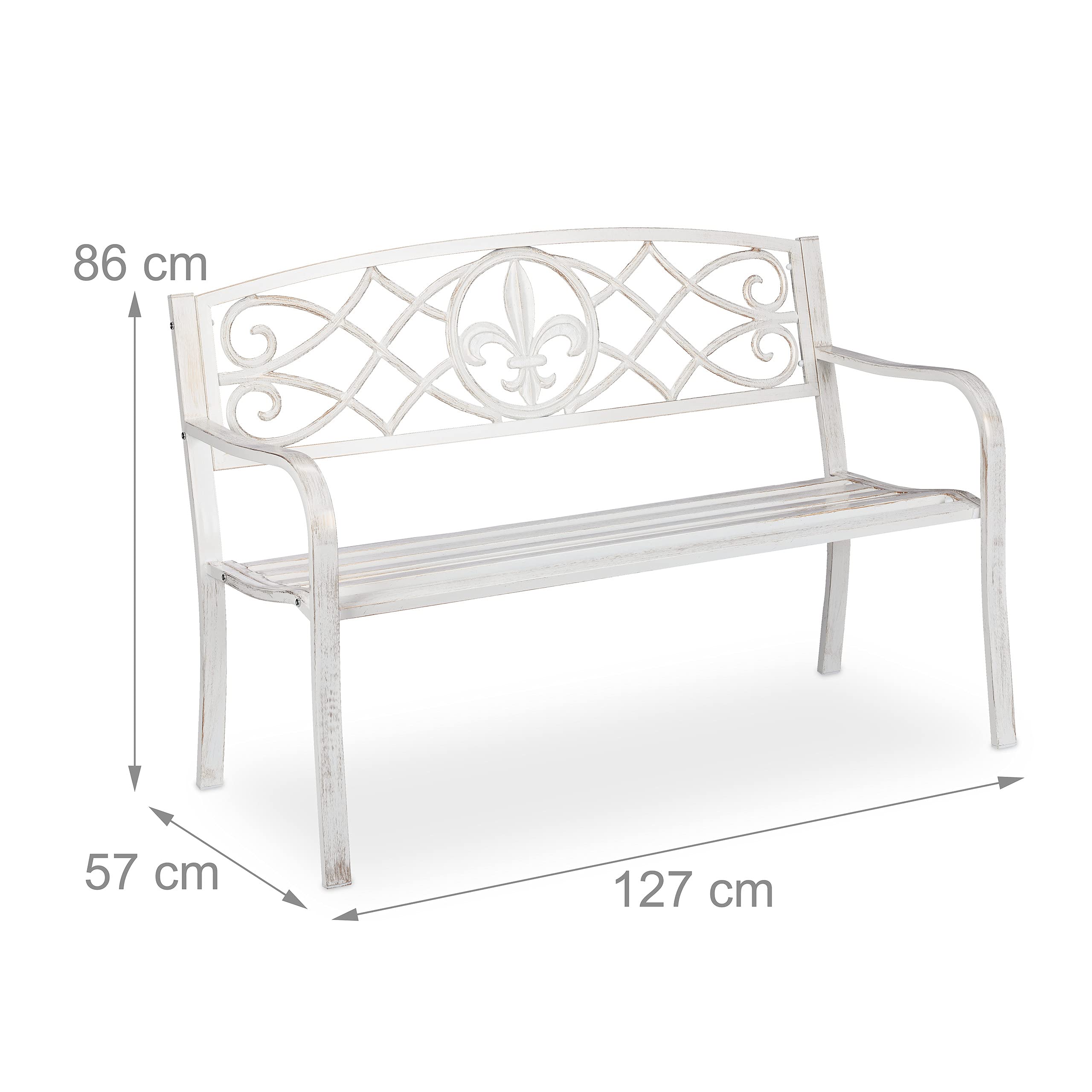Relaxdays Gartenbank, Fleur de Lis Motiv, 2-Sitzer, Stahl, Garten und Terrasse, HxBxT: 86 x 127 x 60 cm, weiß-Bronze