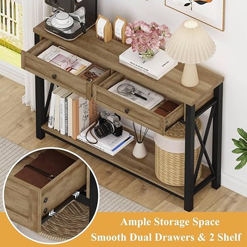 Miniatura 4 de BON AUGURE Juego de muebles vintage de 2 piezas, mesa de sofá con cajón y estantería de escalera de 4 niveles, marco de madera vintage y metal para