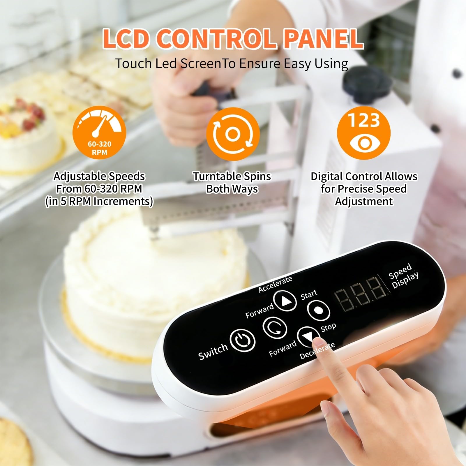Macchina Decorazione Torte 10–30 cm, Spalmatrice di Glassatura e Glassa Elettrica con velocità Regolabile, 60–320 Giri/min, Spatola Smussata, Doppia Rotazione
