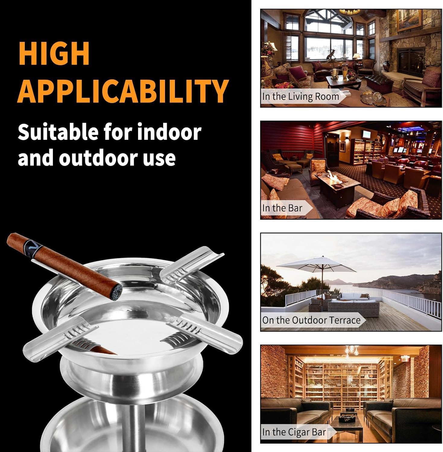 Floor Standing Cigar Ashtray for Outside Patio Indoor Outdoor Use, Detachable Accessory Tray Stable Polished Stainless Steel Standing Ashtray for Cigar Enthusiast