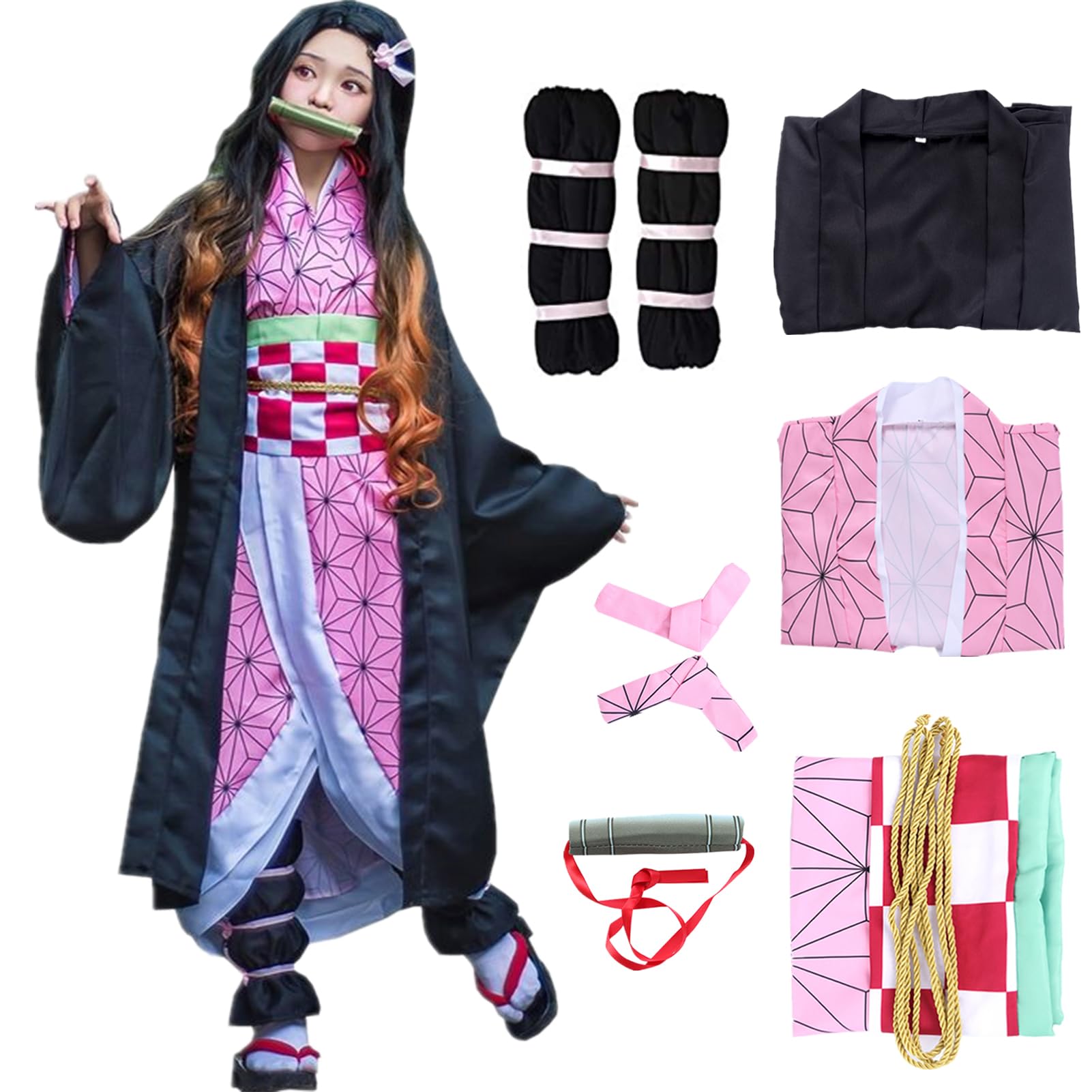 Amycute Anime Cosplay Costume Adults Full Set, Kimono Outfit with Haori & Bamboo Prop, Women Halloween Anime Convention Fancy Dress