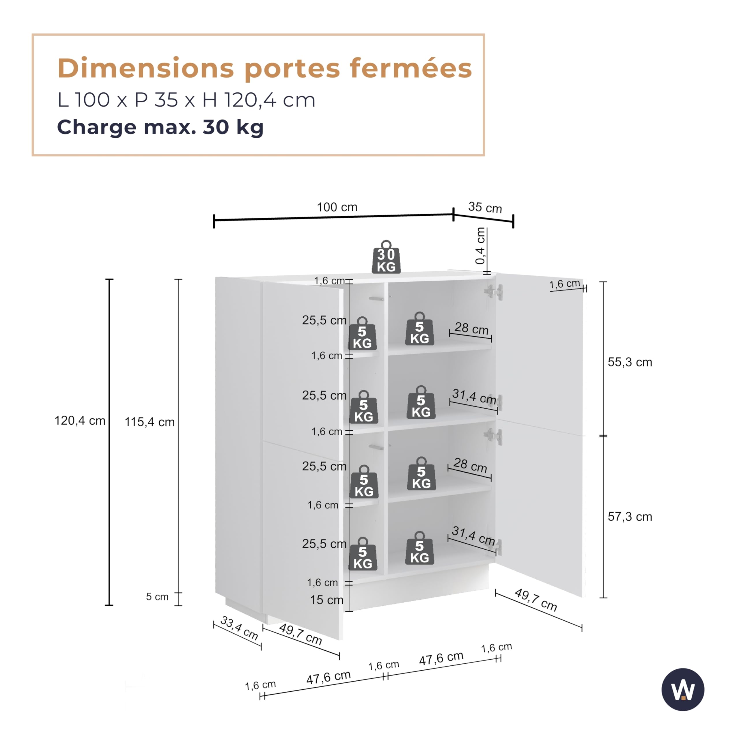 WHOUS Buffet Vela pour Salon avec 4 Portes et 8 Compartiments, bahut pour Salon, Cuisine et Salle à Manger, 100 x 35 x 120,4 cm, Couleur Blanc Brillant