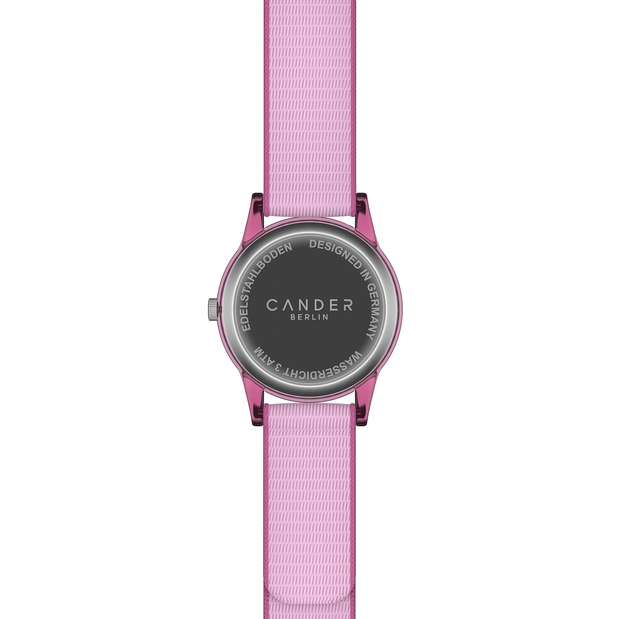 Cander Berlin MNA 0130 F - Reloj de pulsera infantil con velcro, resistente al agua, 3 ATM, analógico, color rosa
