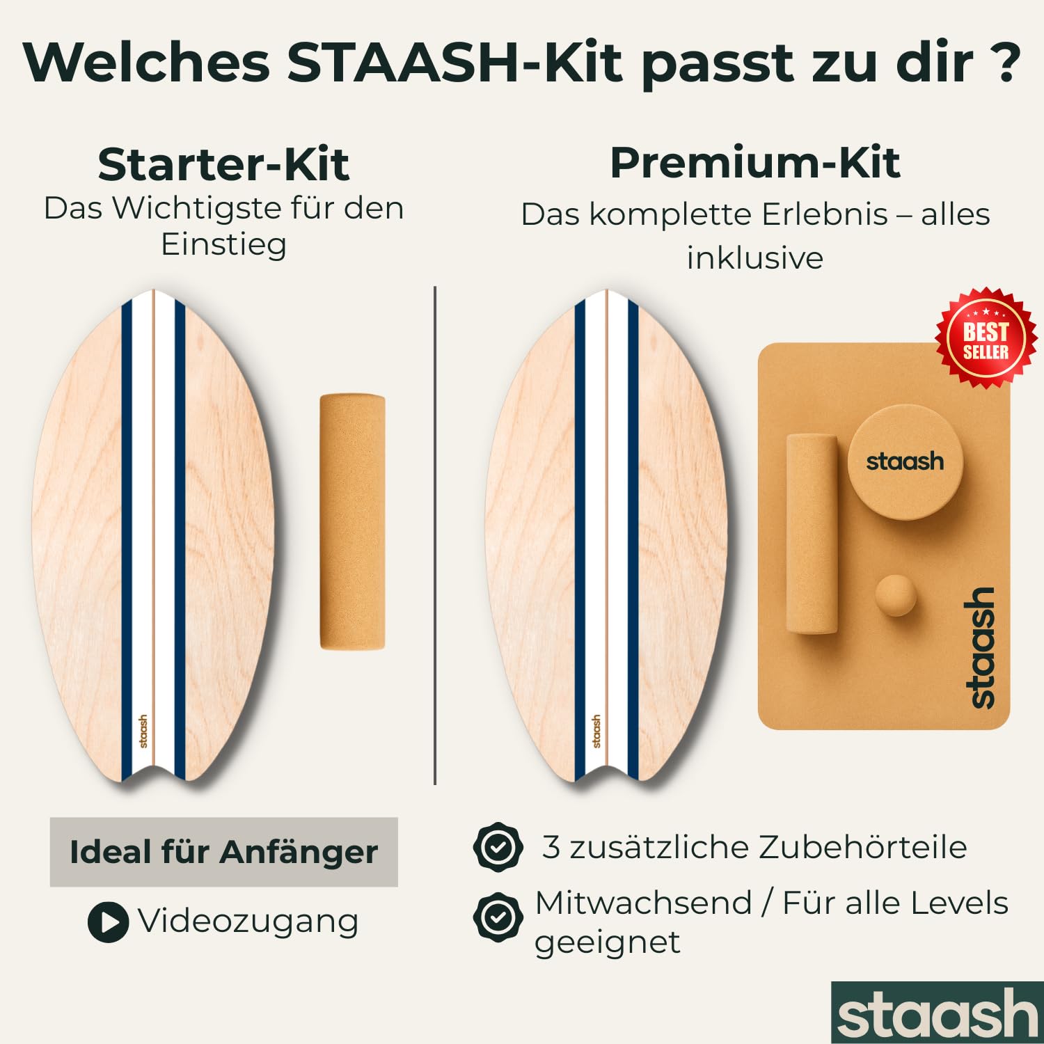 STAASH® Balance Board Holz – Pro Gleichgewichtstrainer inkl. Schutzmatte, Rolle, Halbkugel & Korkball + Videokurs – Indoor-Surfen & Stabilitätstraining