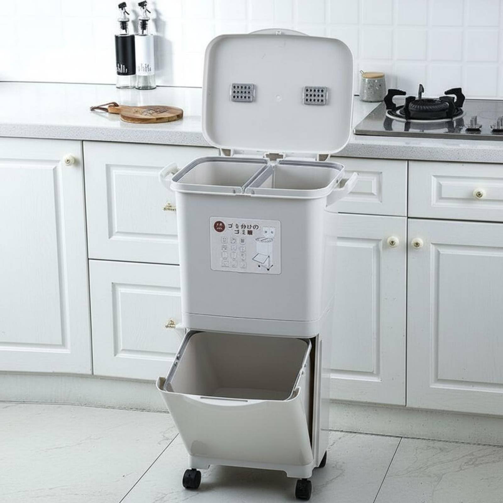 Küchen Abfalleimer Mülleimer Recyclingbehälter mit Platzsparendem Doppelschacht System Sortierung für Recycling Pedalbedienung Universalrollen Deckel, color to 3, Jp D-Behälter S-Deckel