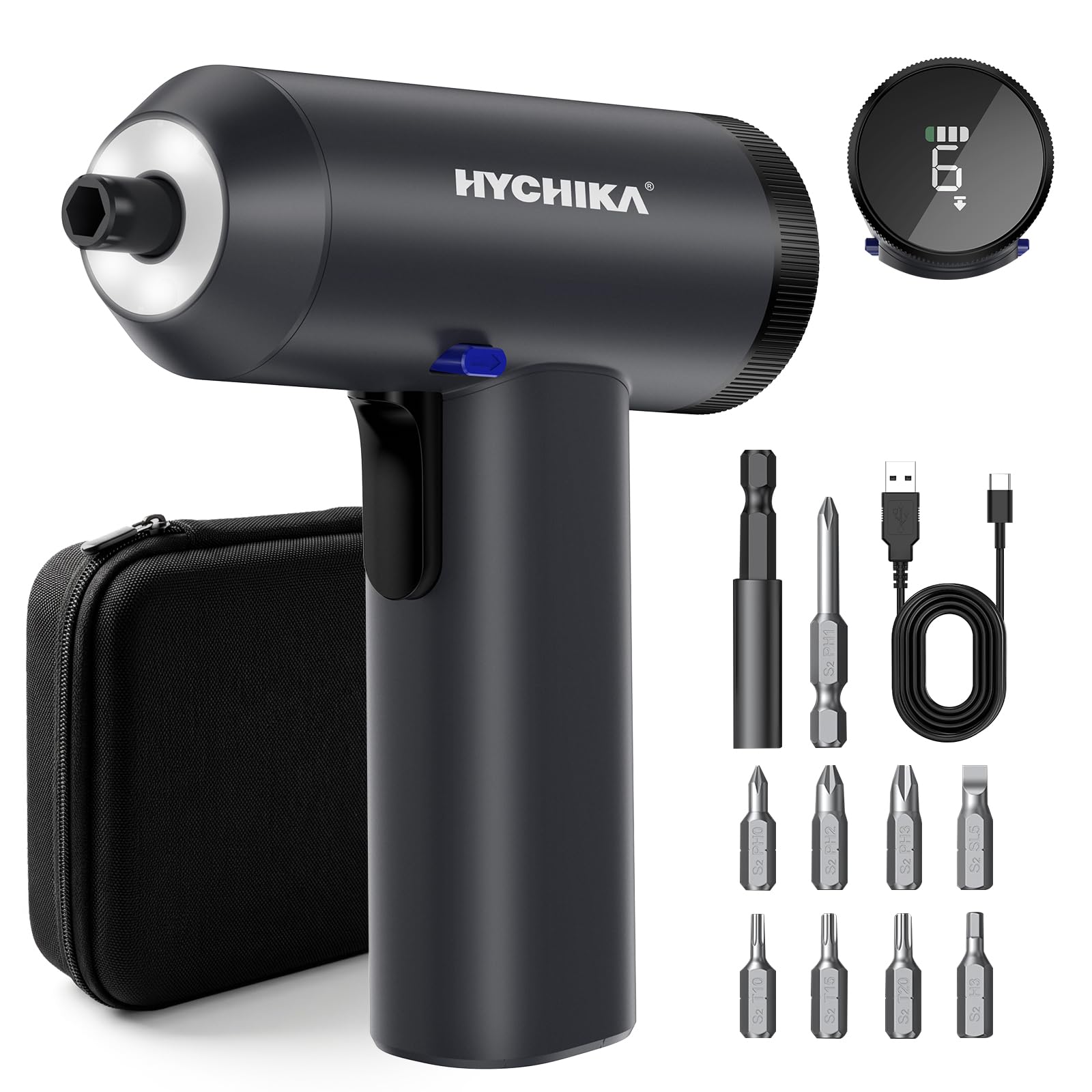 HYCHIKA Destornillador Electrico, 6 N m Atornillador Electrico con Pantalla LCD, 7 Configuraciones de Torque, Batería de 2200 mAh, Luz LED Adecuado Para Reparaciones de Muebles y Del Hogar
