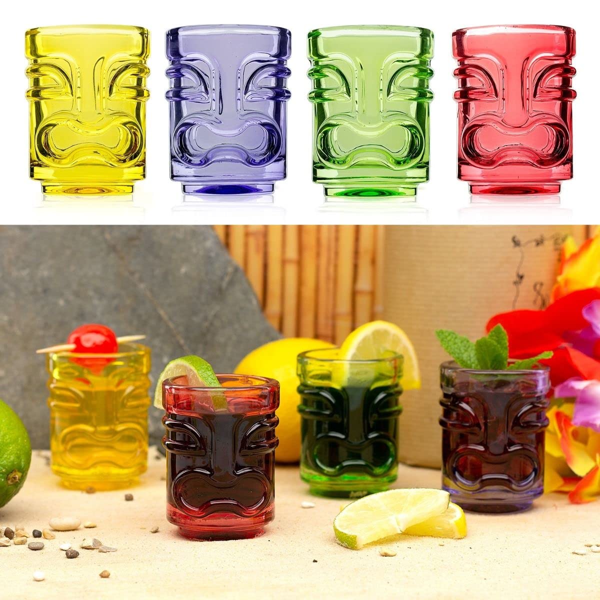 CKB LTD Coloured Tiki Bar Shot Glasses 45ml Pack of 4 Drinking Shooters Novelty Small Spirit Drinking Tumblers – Ideal for Hawaiian Party Coloured Glass 45ml