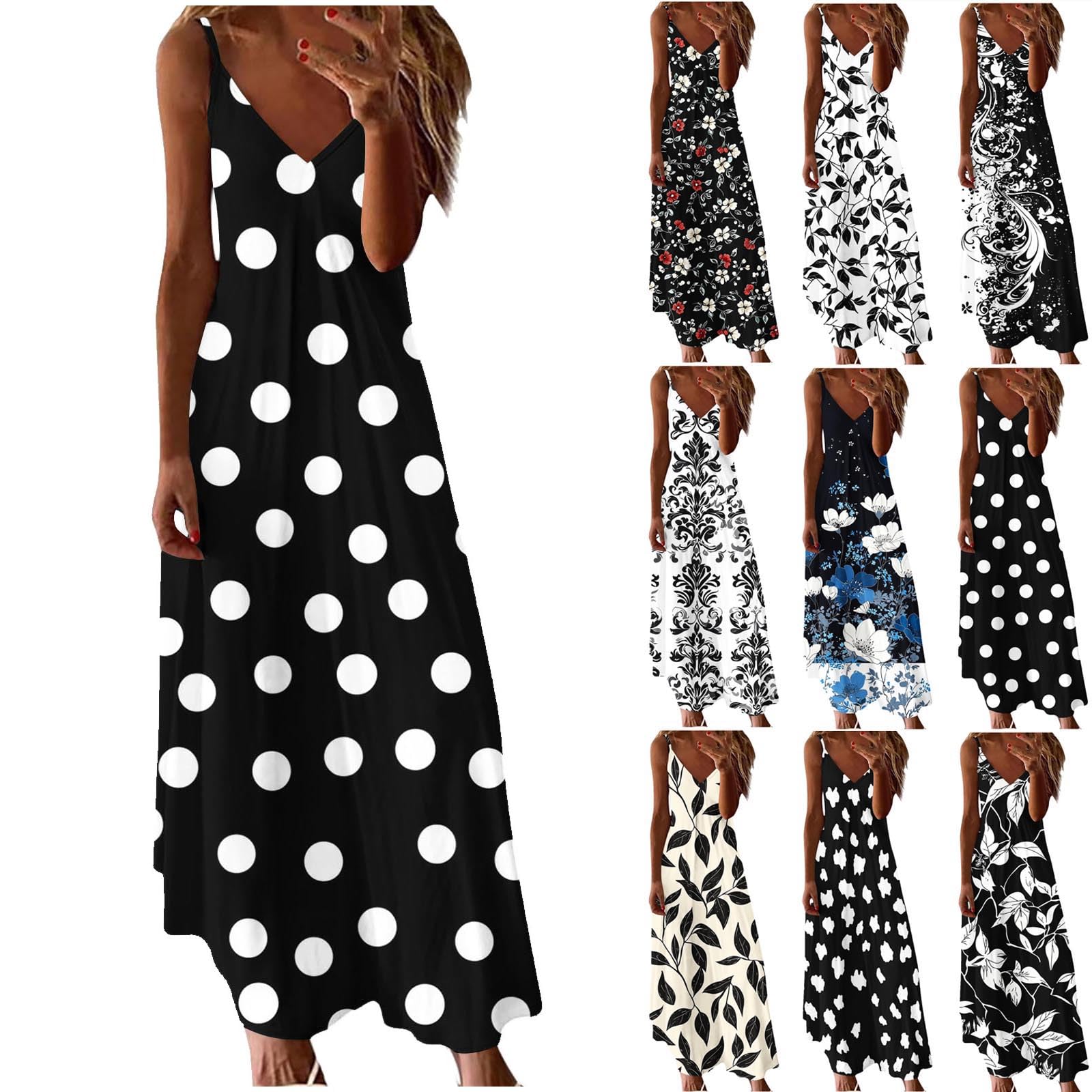 Aopir Summer Dresses for Women UK Casual Sleeveless Polka Dot Boho Maxi Sundresses Ladies Beach Vacation Flowy Long Shirt Dress